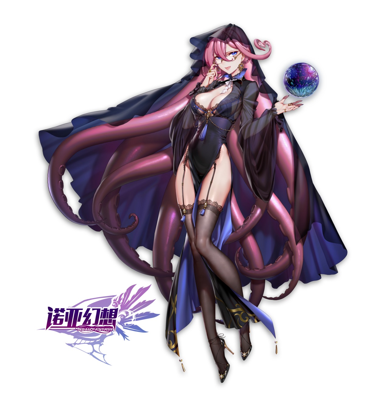 cleavage, heels, lingerie, megane, noah_fantasy, quuni, see_through, stockings, tentacles, thighhighs