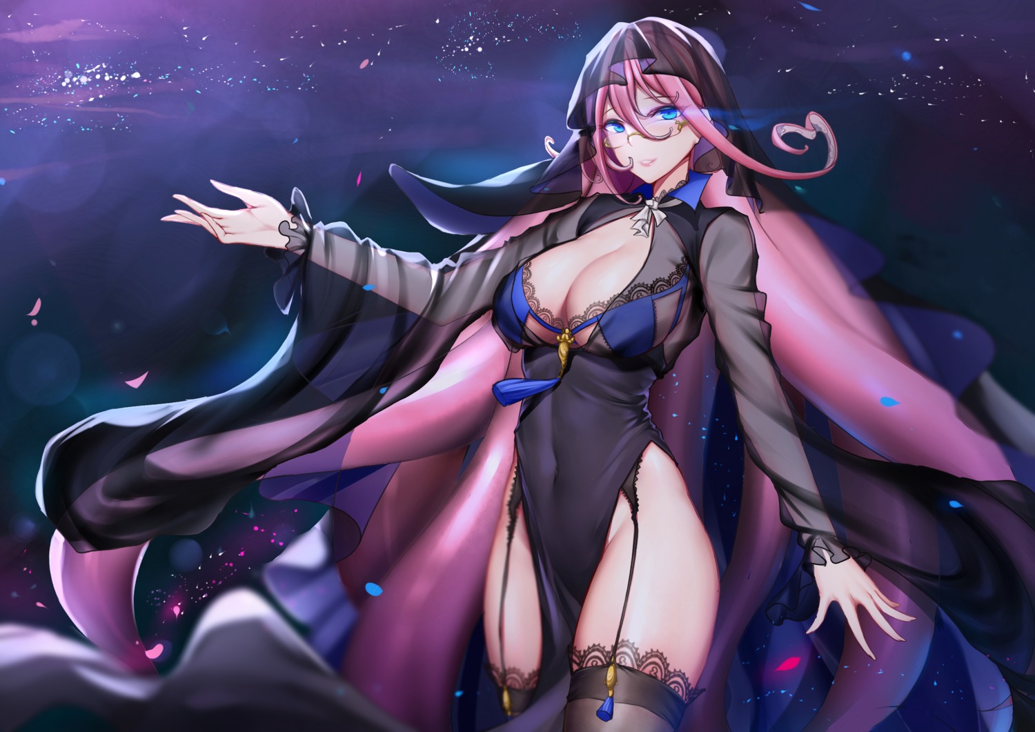 cleavage, lingerie, megane, noah_fantasy, nopan, roy_(pixiv12676578), see_through, stockings, thighhighs
