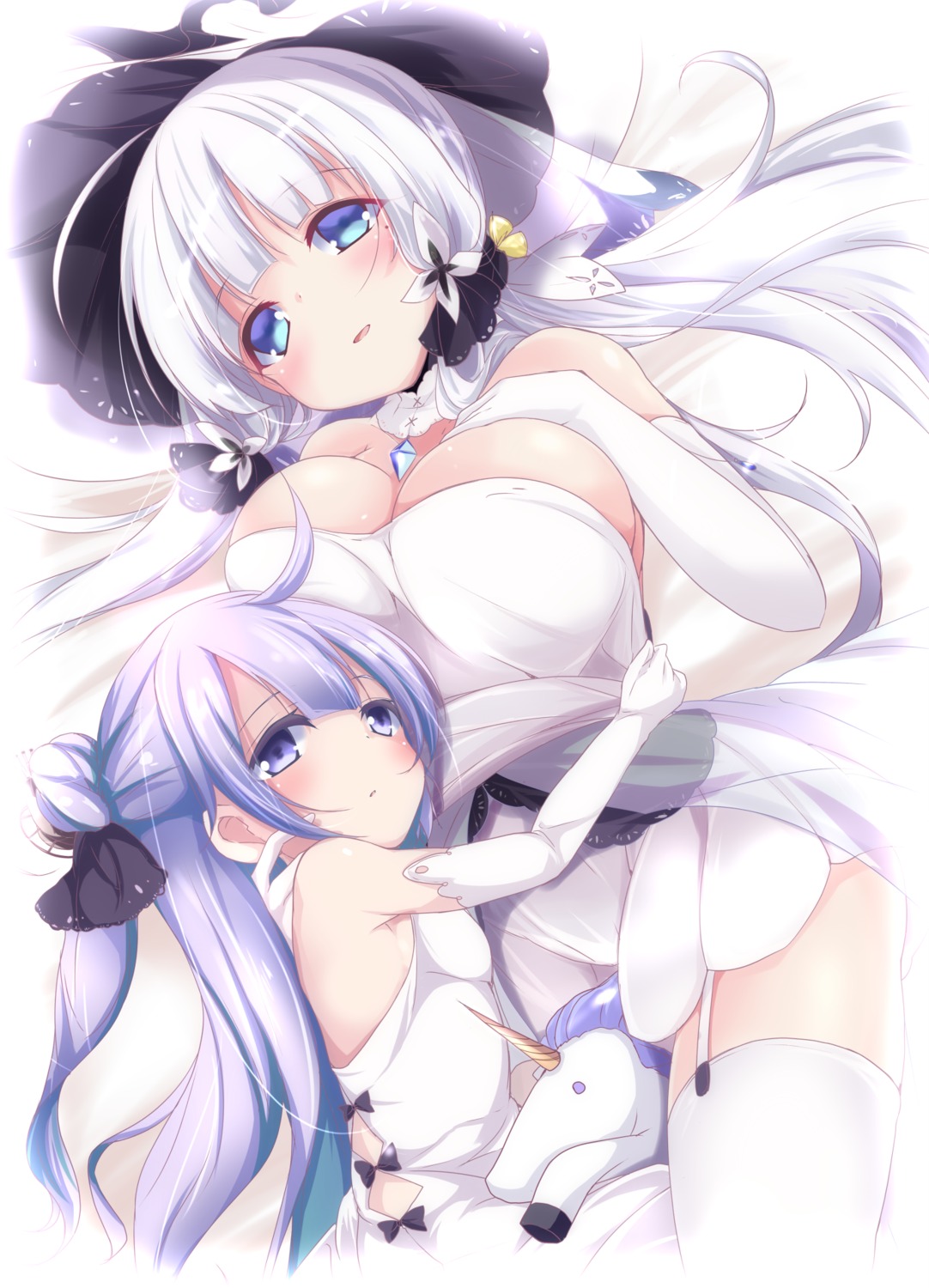 azur_lane, cleavage, dress, illustrious_(azur_lane), nanaume_(shichimi_tougarashi), stockings, thighhighs, unicorn_(azur_lane)
