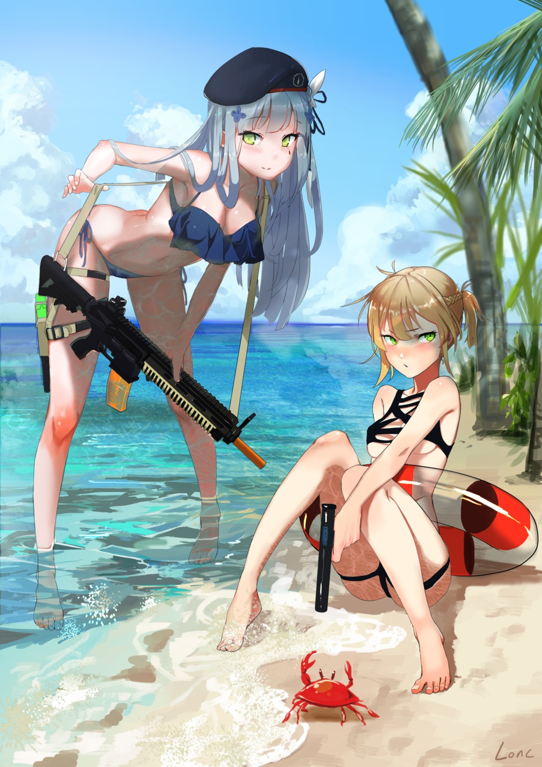 bikini, cleavage, girls_frontline, gun, hk416_(girls_frontline), lonc, swimsuits, underboob, welrod_mk2_(girls_frontline), wet