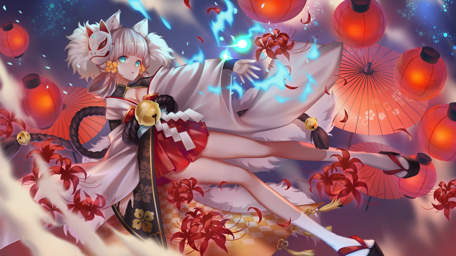 animal_ears, cleavage, japanese_clothes, kitsune, littleamber, tail, umbrella