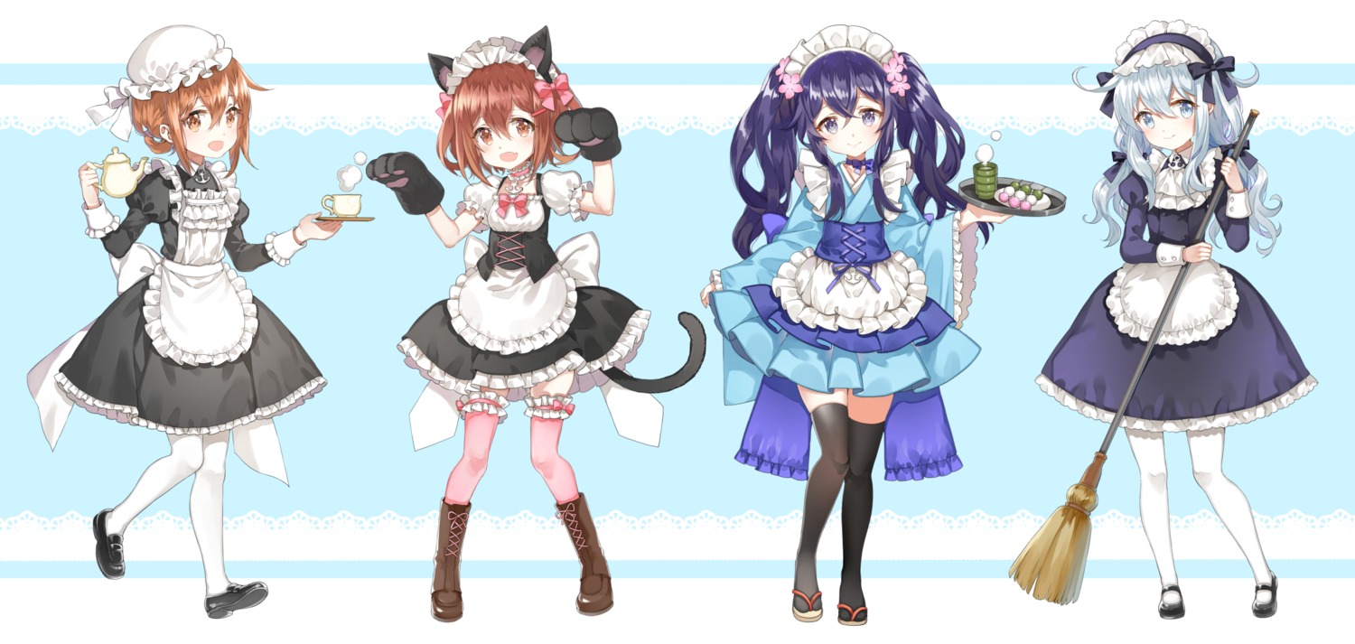 akatsuki_(kancolle), animal_ears, hibiki_(kancolle), ikazuchi_(kancolle), inazuma_(kancolle), kantai_collection, maid, nekomimi
