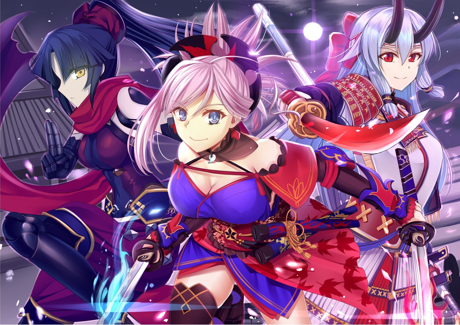 armor, cleavage, fate/grand_order, horns, japanese_clothes, katou_danzou_(fate), miyamoto_musashi_(fate), sword