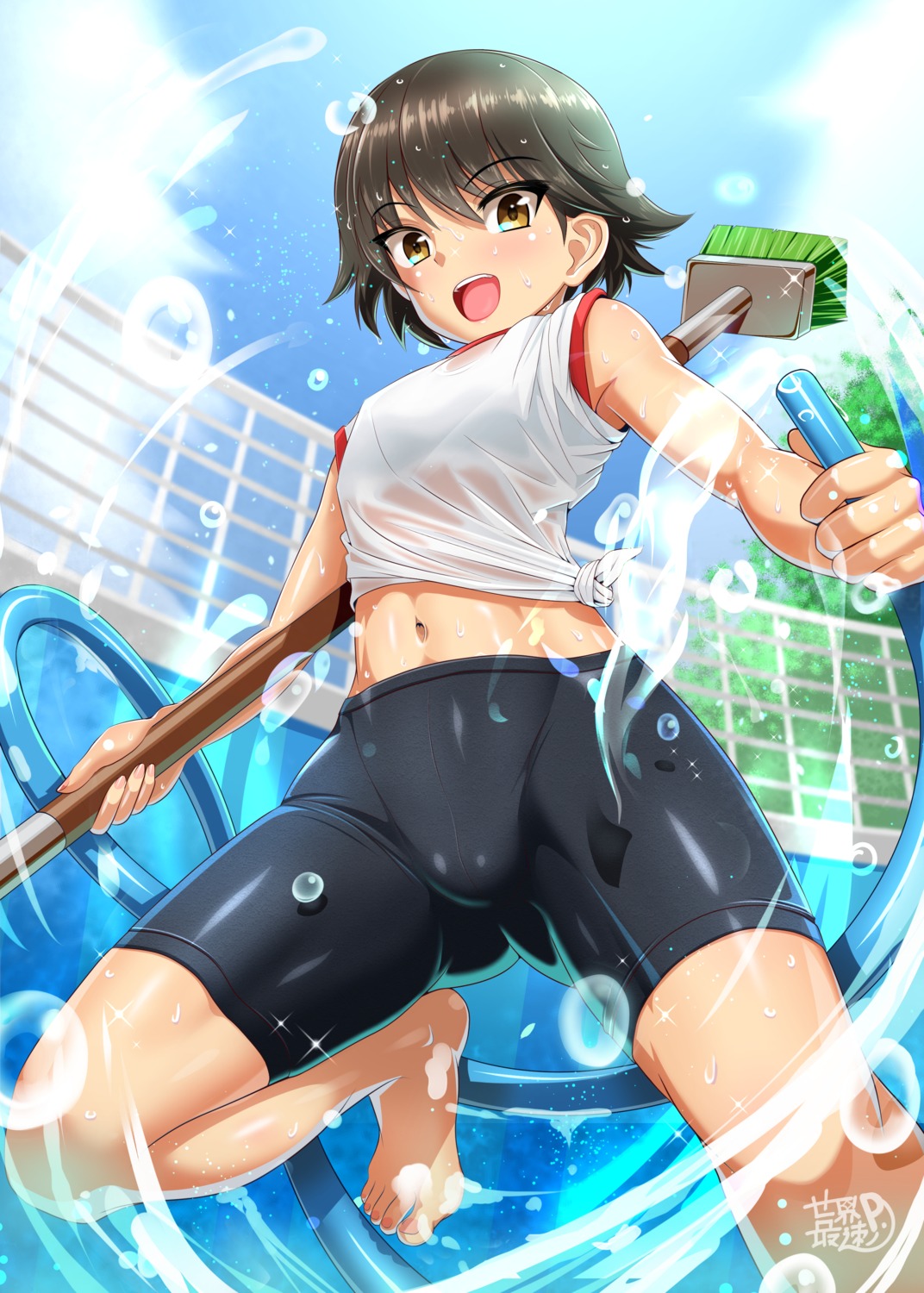 bike_shorts, feet, girls_und_panzer, gym_uniform, isobe_noriko, see_through, sekai_saisoku_no_panda, wet, wet_clothes