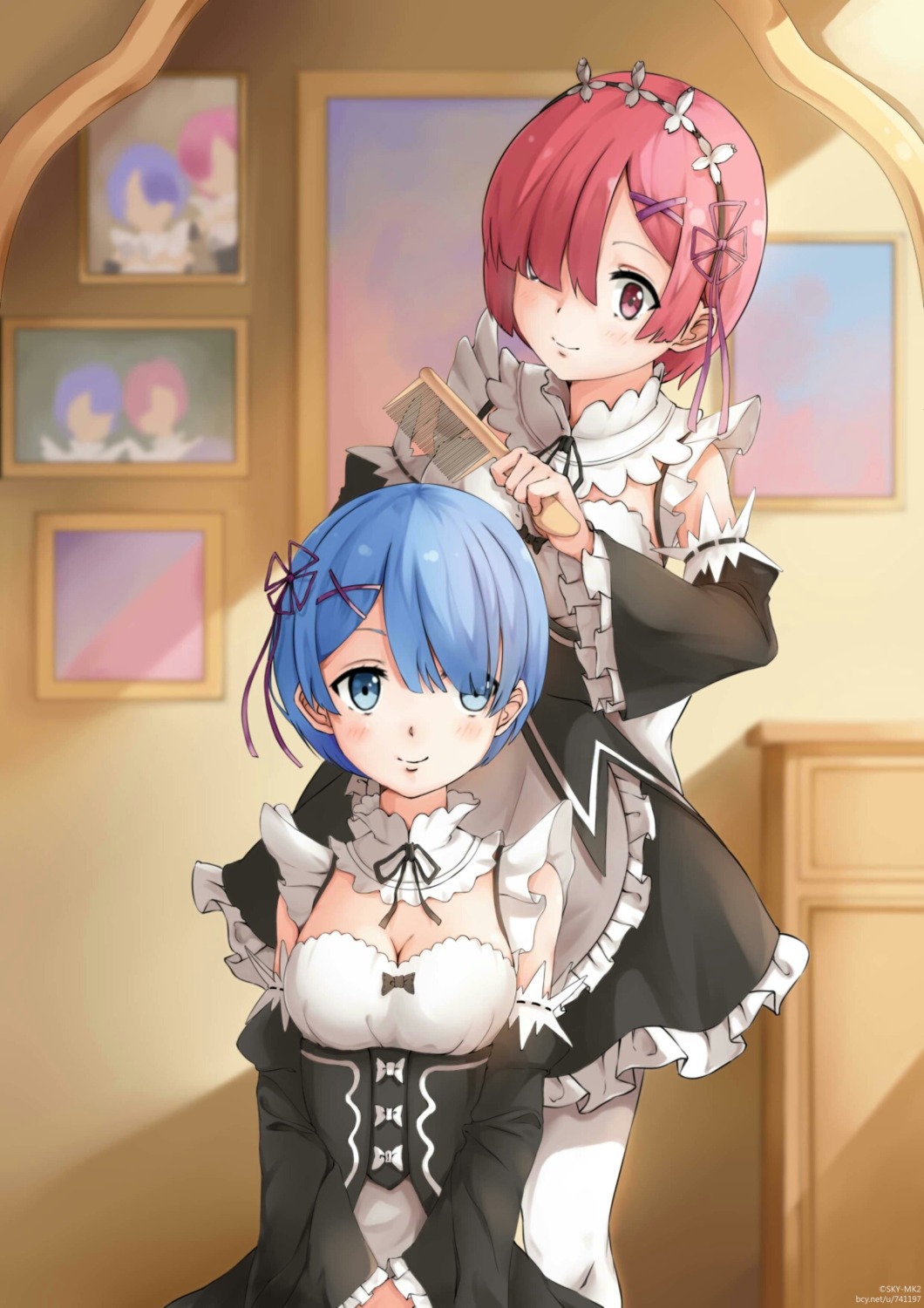 cleavage, maid, ram_(re_zero), re:zero_kara_hajimeru_isekai_seikatsu, rem_(re_zero), sukai_makatsu