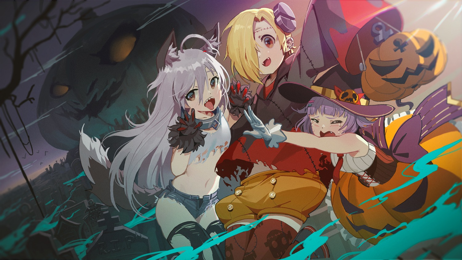 animal_ears, halloween, hoshi_shouko, koshimizu_sachiko, shirasaka_koume, tail, the_idolm@ster, the_idolm@ster_cinderella_girls, thighhighs, torn_clothes, wallpaper, waterkuma, witch