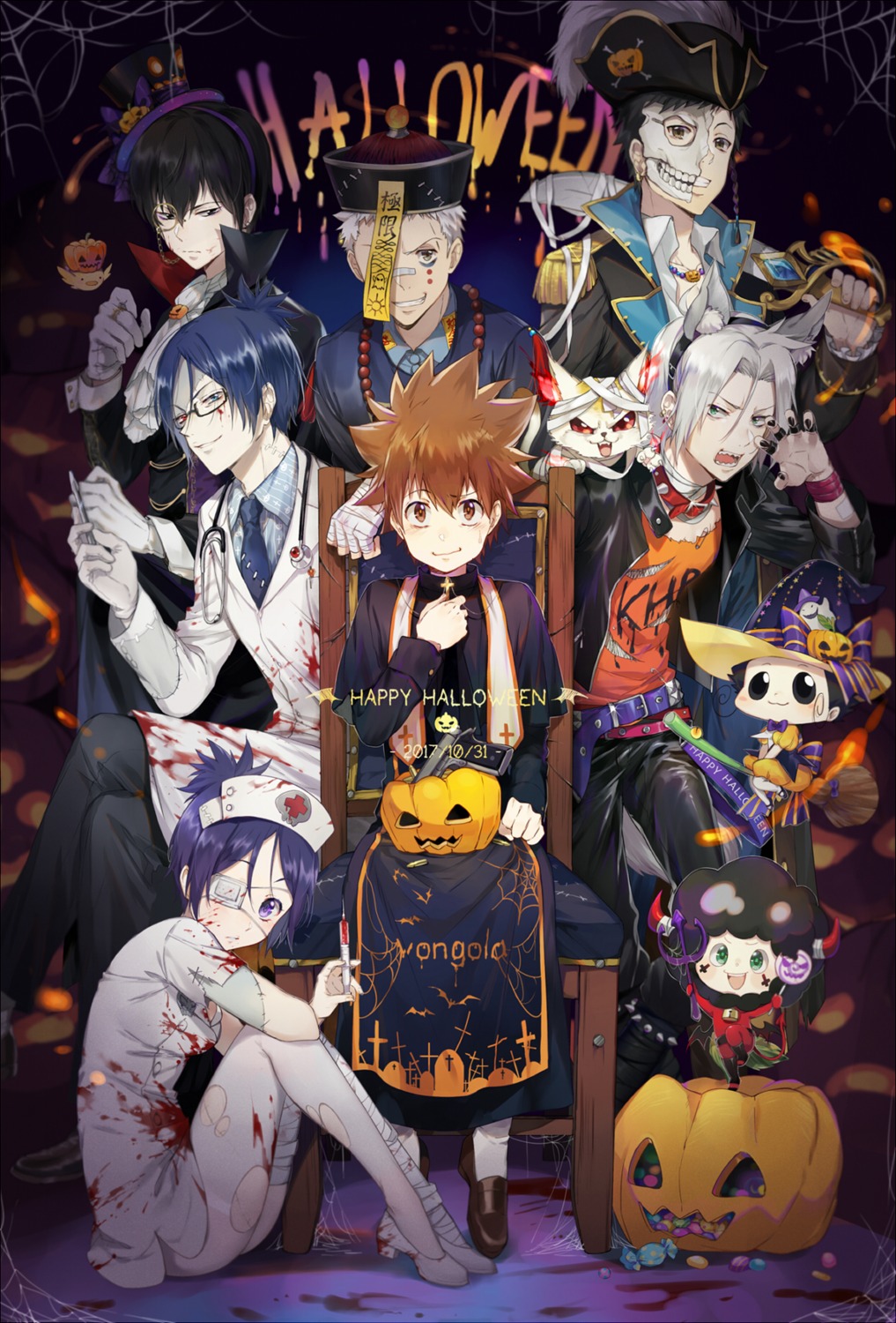 animal_ears, bandages, blood, chibi, chrome_dokuro, ekita_xuan, eyepatch, gokudera_hayato, gun, halloween, heels, heterochromia, hibari_kyoya, horns, katekyo_hitman_reborn!, lambo, megane, nurse, pantyhose, reborn, rokudou_mukuro, sasagawa_ryohei, sawada_tsunayoshi, sword, tail, uri, wings, yamamoto_takeshi