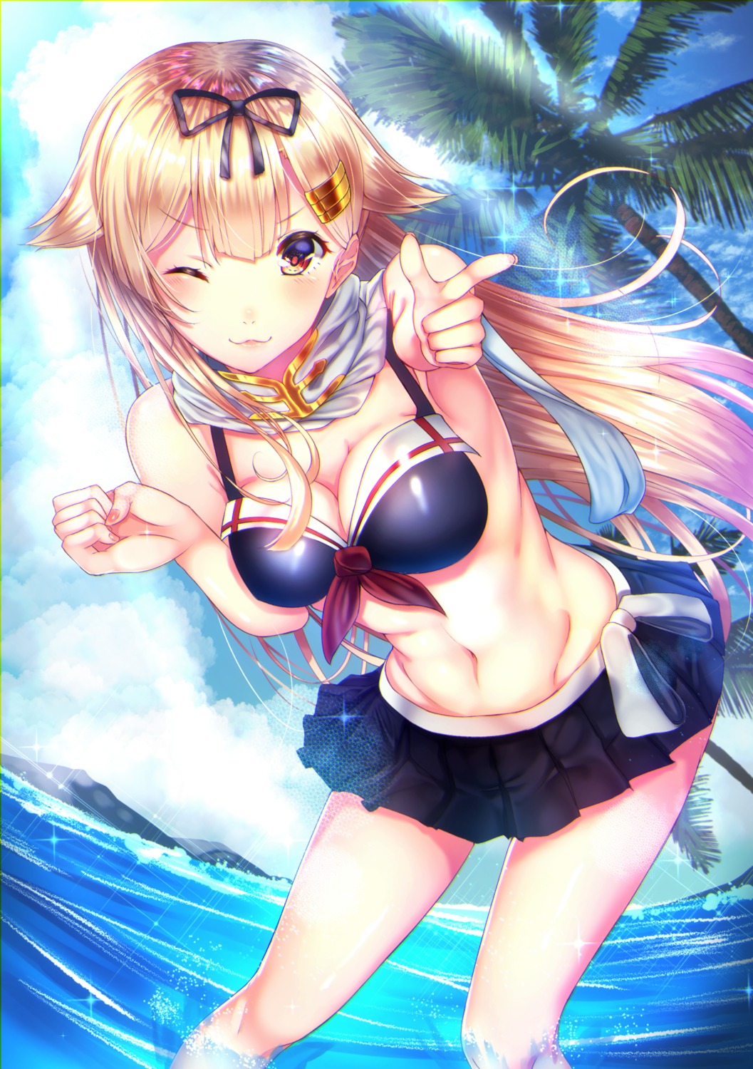 bikini, breast_hold, cleavage, kantai_collection, kazu_oekaki, swimsuits, wet, yuudachi_(kancolle)
