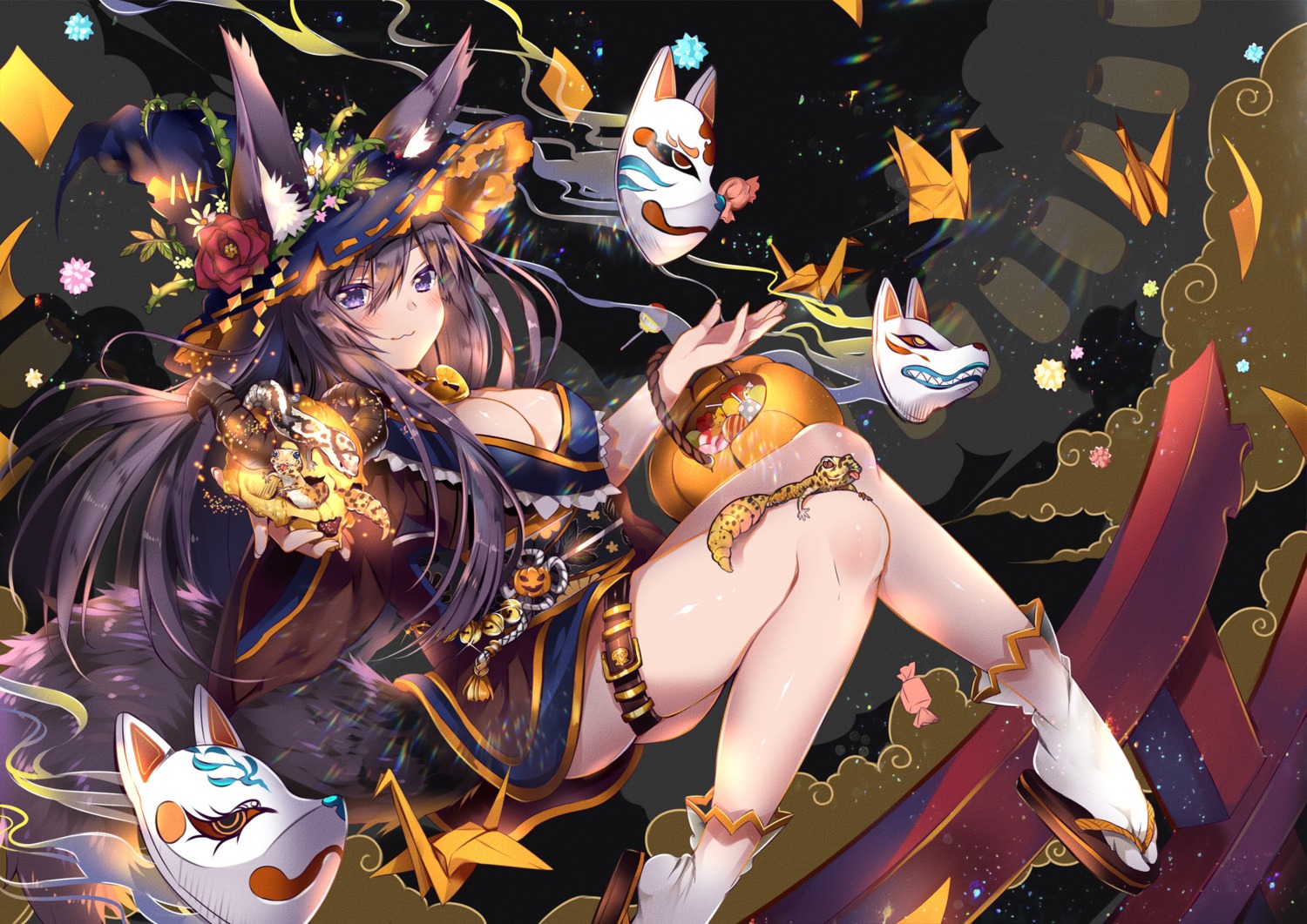 animal_ears, garter, halloween, japanese_clothes, kitsune, tail, usagihime, witch