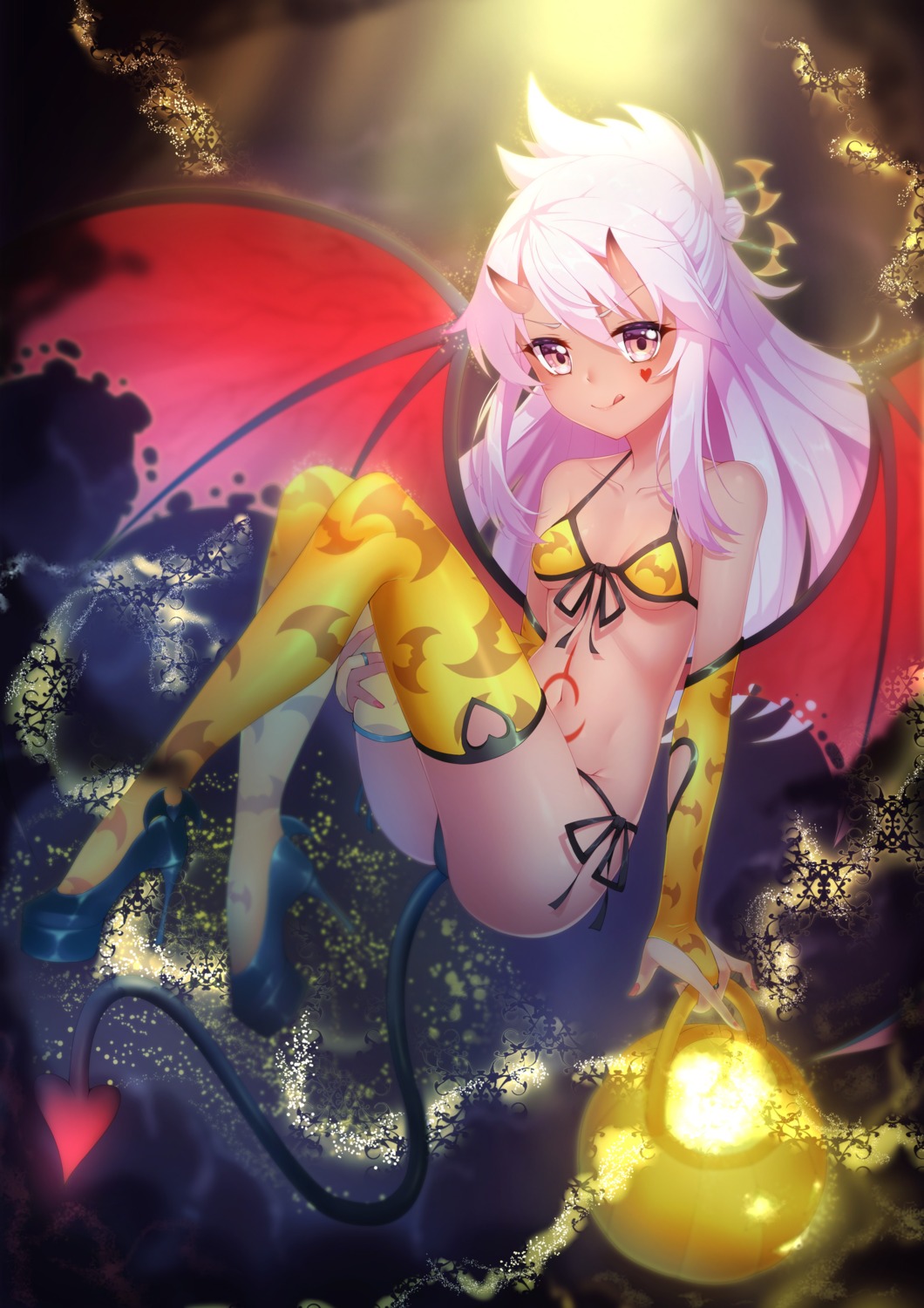 bikini, chloe_von_einzbern, cleavage, fate/kaleid_liner_prisma_illya, fate/stay_night, halloween, heels, horns, swimsuits, tail, tattoo, thighhighs, underboob, wings, wu_yao_jun