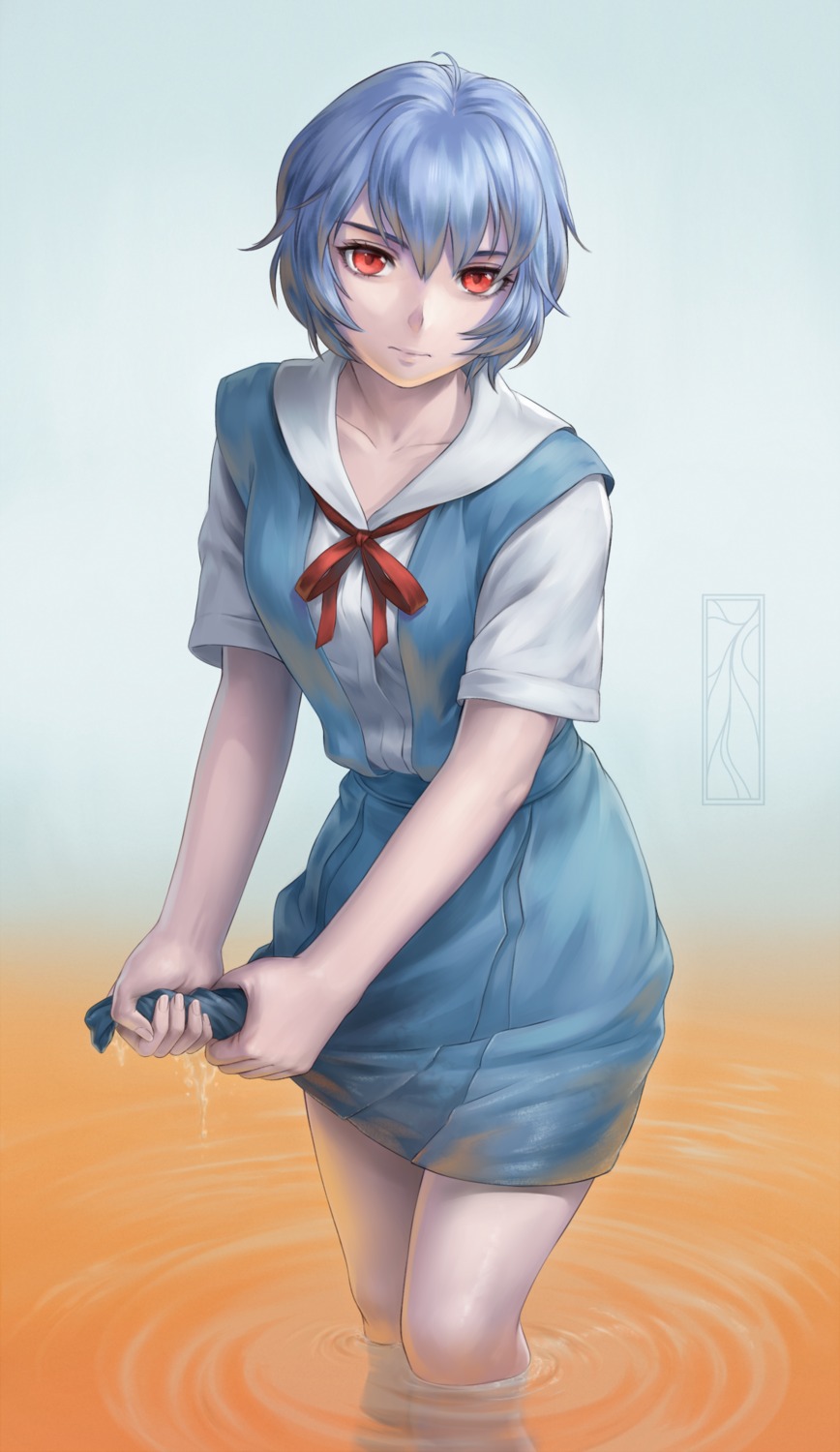 ayanami_rei, kotikomori, neon_genesis_evangelion, seifuku, wet, wet_clothes