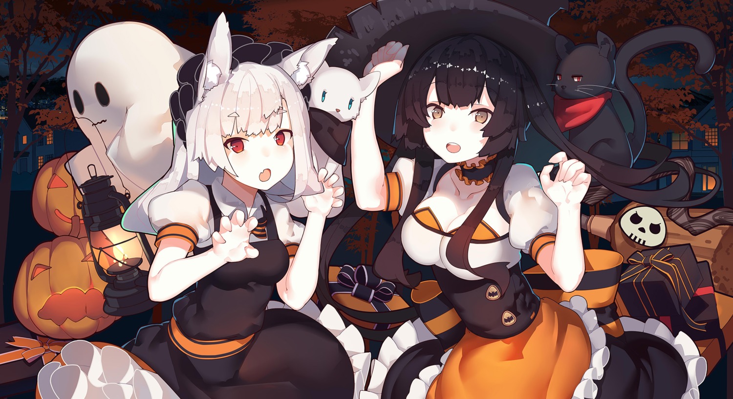 animal_ears, cleavage, dress, halloween, neko, rain_lan, witch