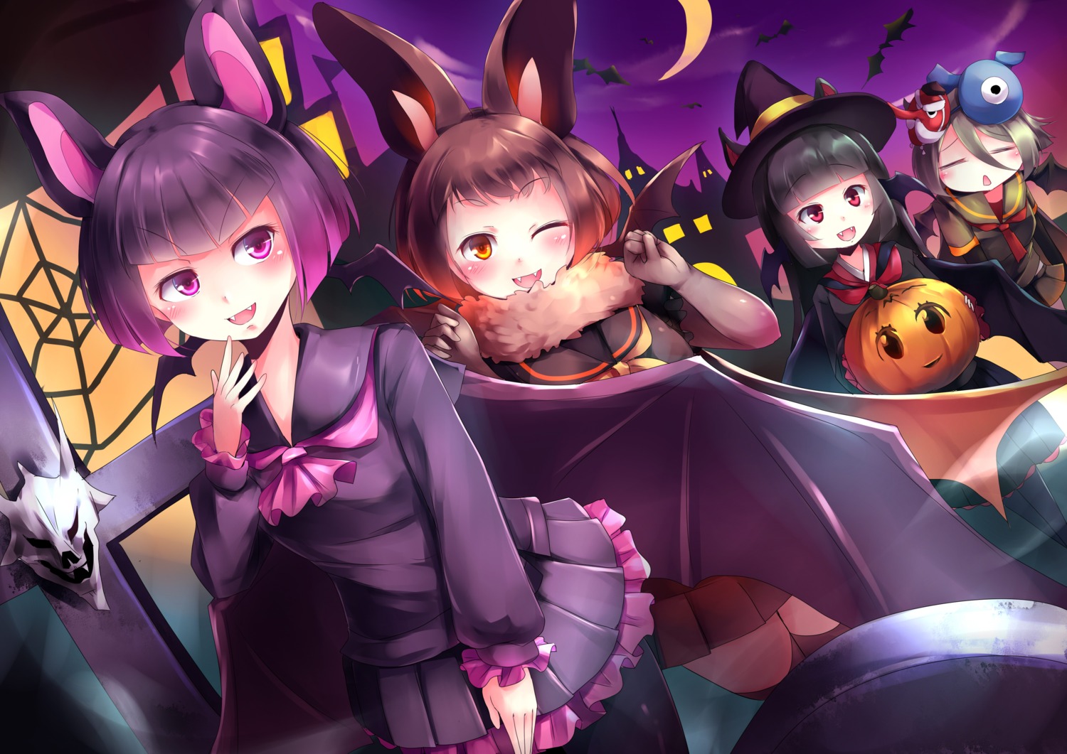 animal_ears, brown_long-eared_bat, common_vampire_bat, fraternal_myotis, halloween, hilgendorf's_tube-nose_bat, kanzakietc, kemono_friends, pantyhose, seifuku, tail, wings, witch