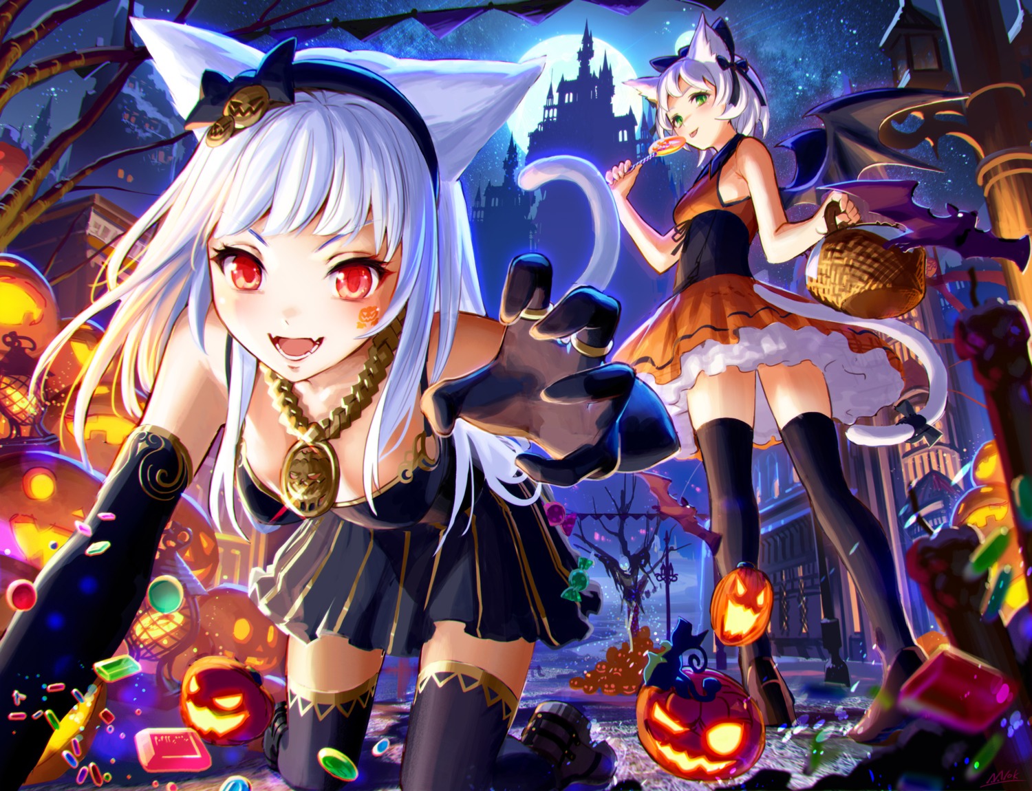 animal_ears, dress, halloween, nekomimi, sachimaa, tail, tattoo, thighhighs, wings