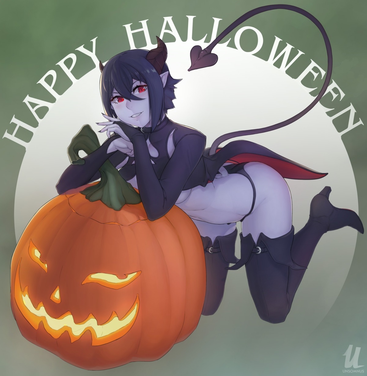 halloween, heels, horns, pantsu, pointy_ears, tail, thighhighs, underboob