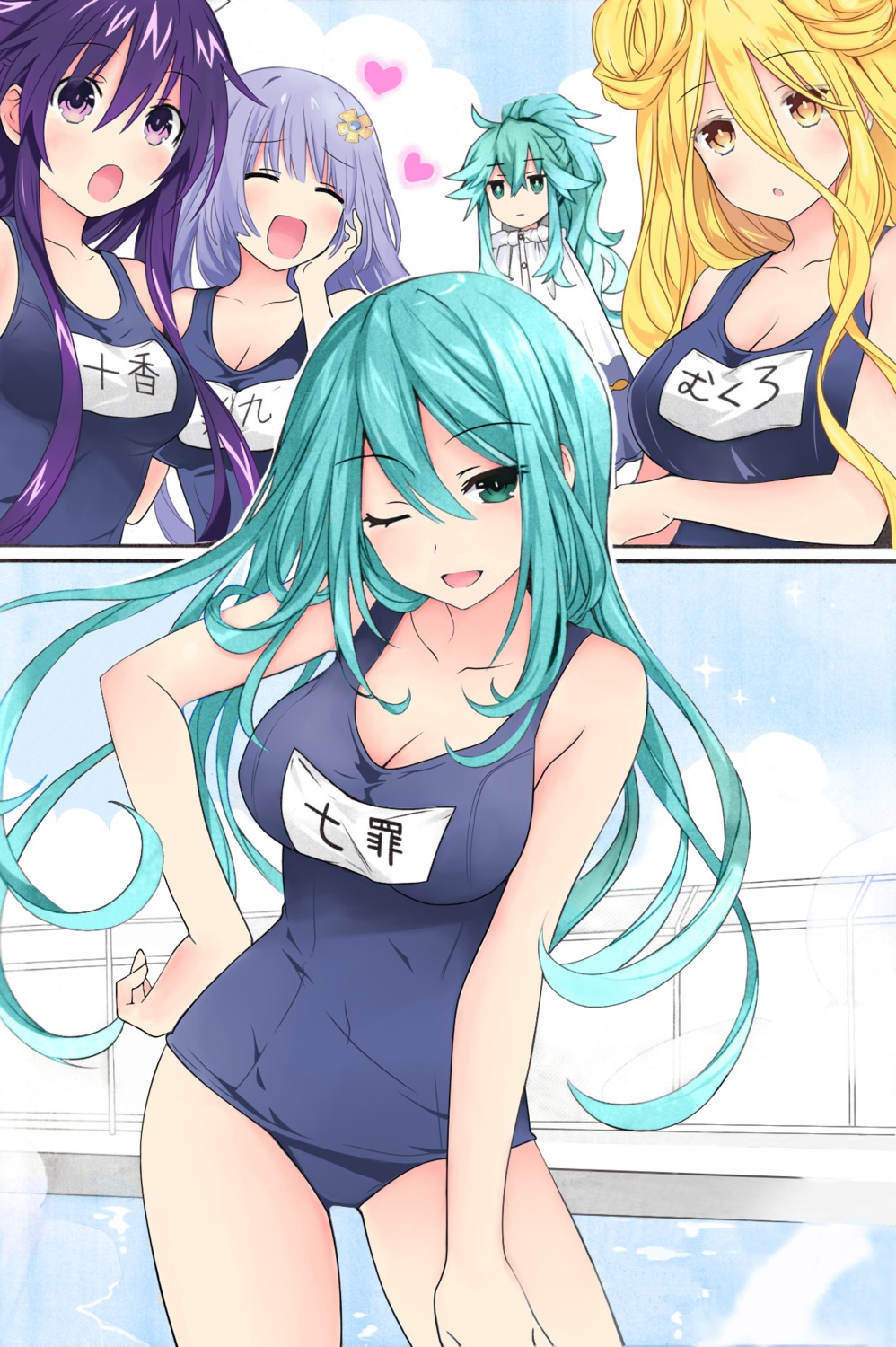 cleavage, date_a_live, hoshimiya_mukuro, izayoi_miku, kyouno_natsumi, school_swimsuit, swimsuits, tsunako, yatogami_tooka
