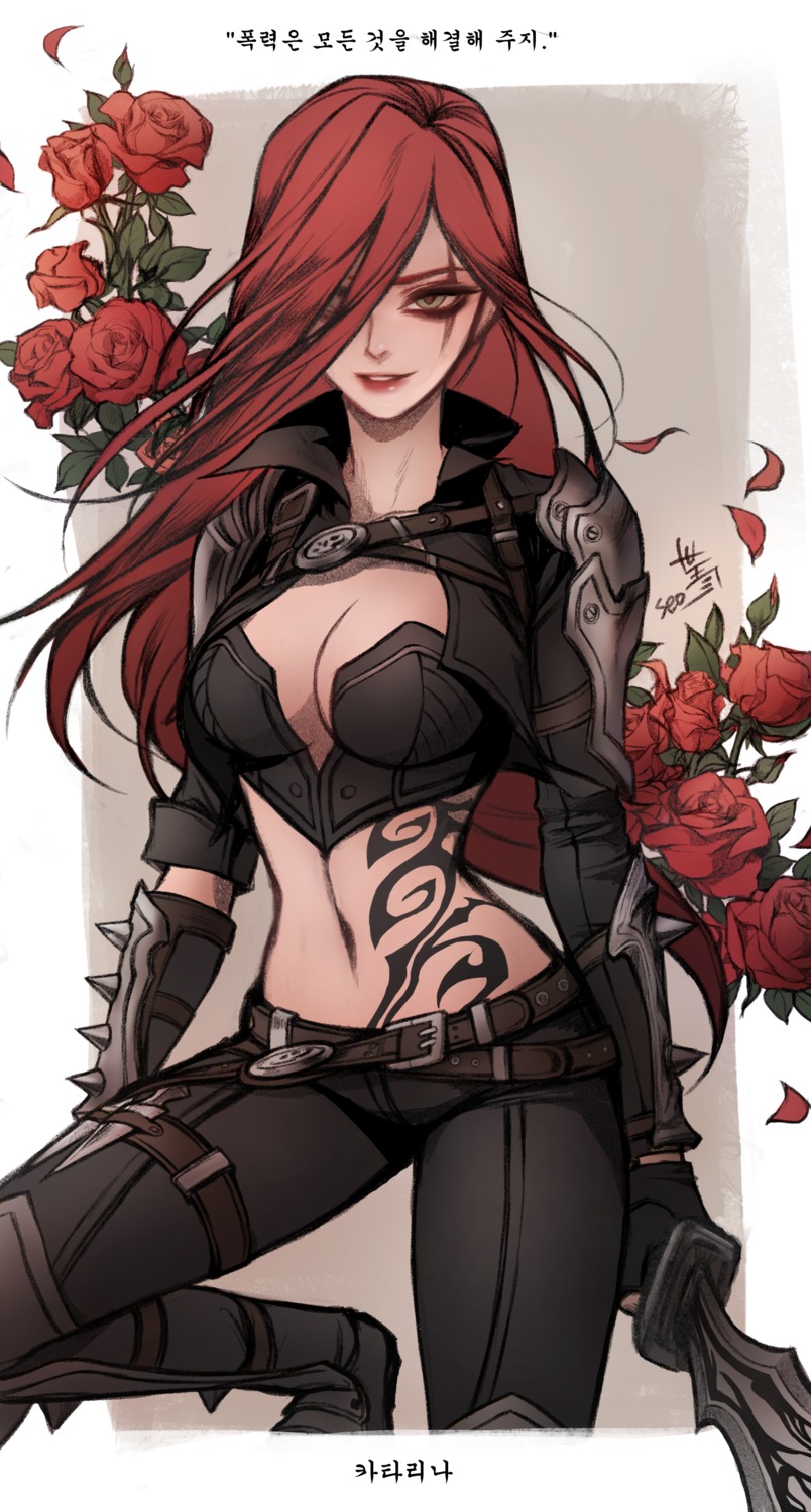 cleavage, katarina_du_couteau, league_of_legends, seo-love, tattoo, weapon