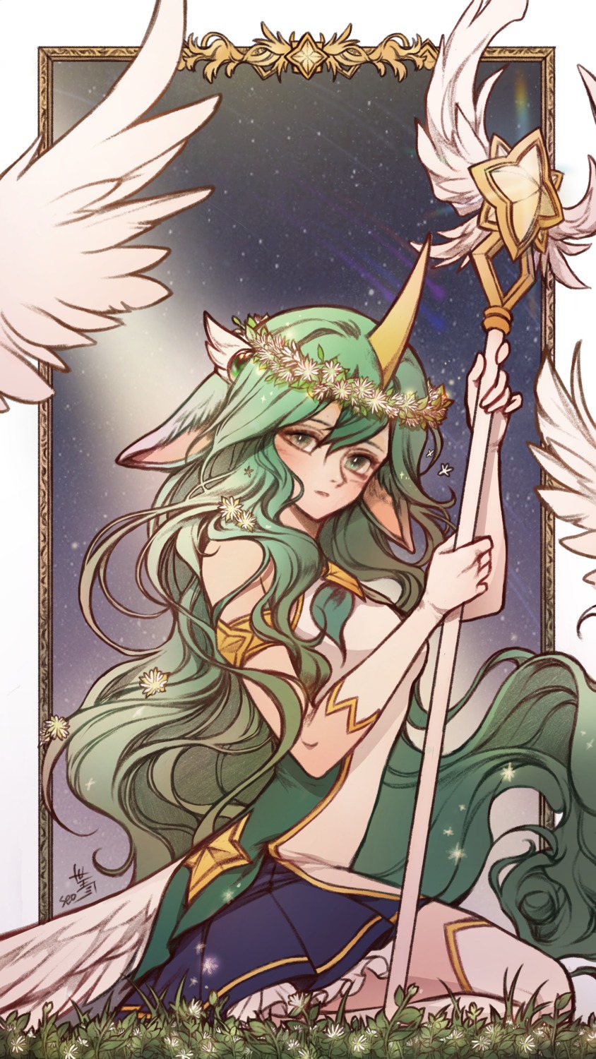 animal_ears, horns, league_of_legends, seo-love, soraka, thighhighs, weapon, wings
