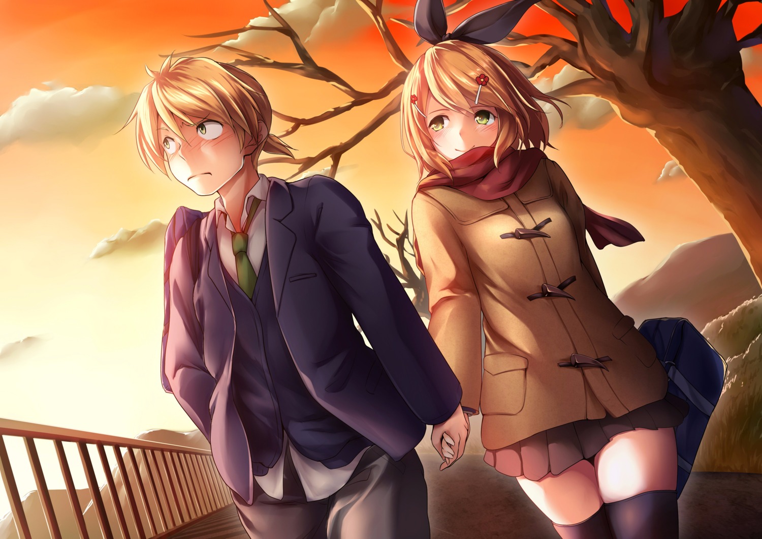 bit, kagamine_len, kagamine_rin, seifuku, thighhighs, vocaloid