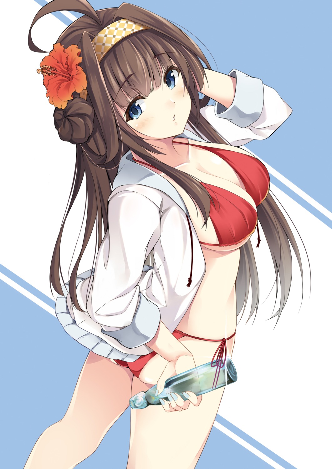ass, bikini, cleavage, hazuki_gyokuto, kantai_collection, kongou_(kancolle), open_shirt, swimsuits