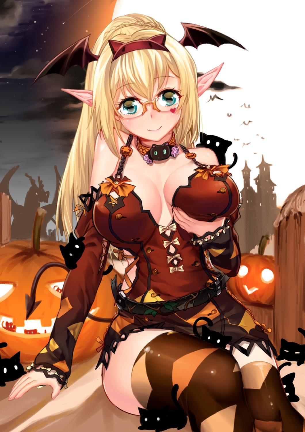 breast_grab, breast_hold, cleavage, emden_(zhanjianshaonv), halloween, megane, neko, onceskylark