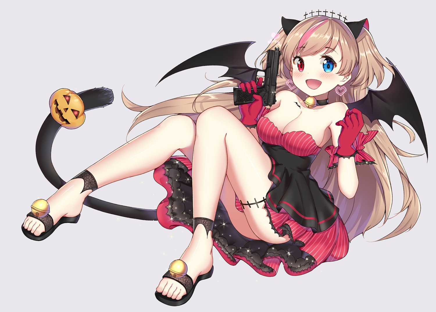 aly_(wei983999767), animal_ears, cleavage, dress, girls_frontline, gun, halloween, heterochromia