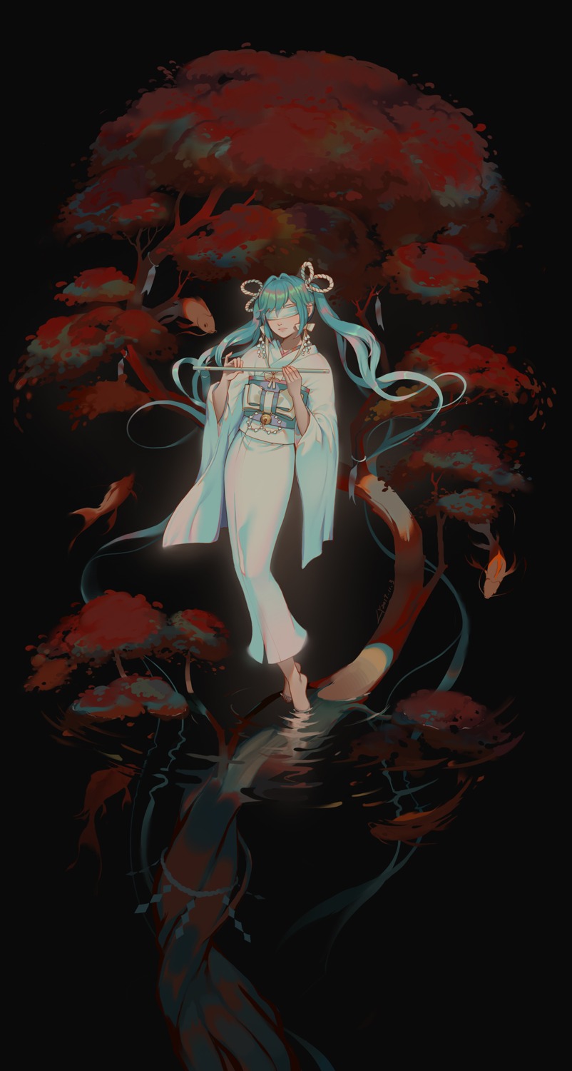 hatsune_miku, japanese_clothes, lian_yao, vocaloid, wet