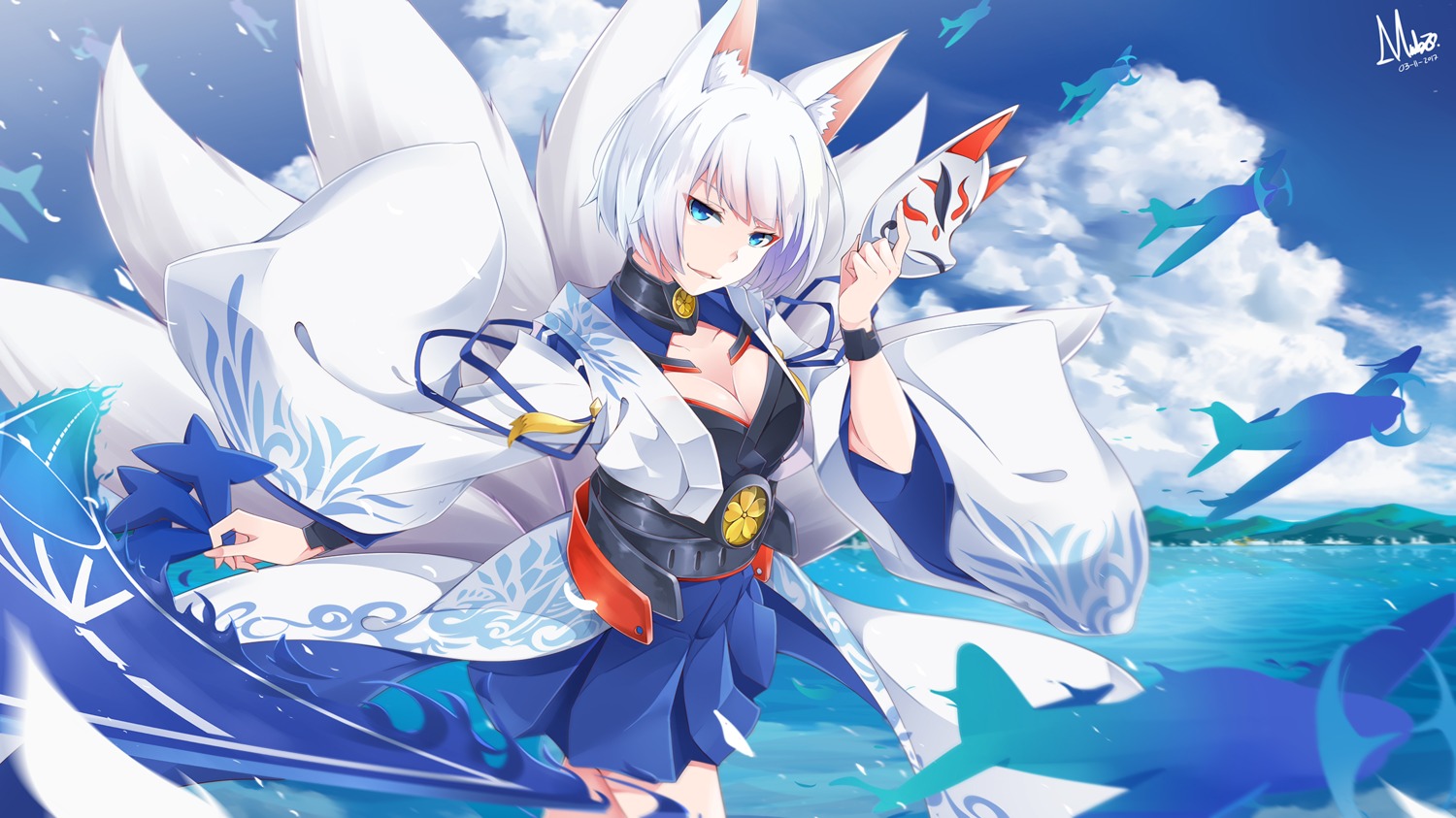 animal_ears, azur_lane, cleavage, japanese_clothes, kaga_(azur_lane), kitsune, masabodo, tail