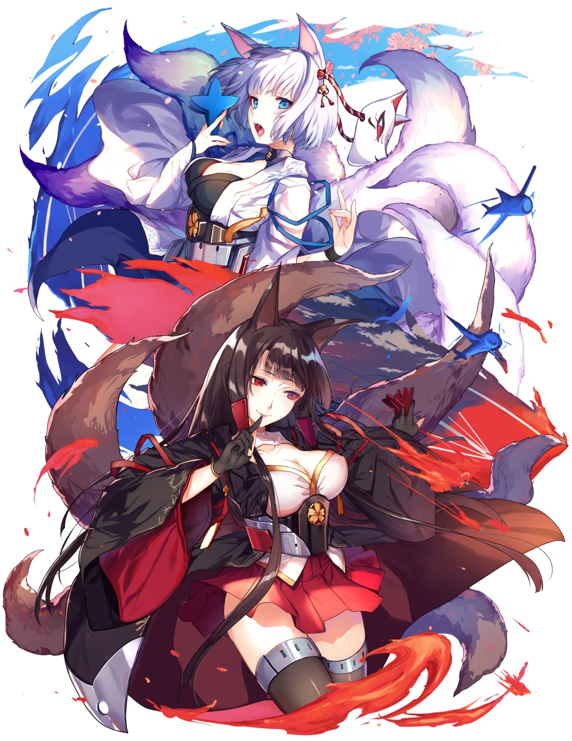 abusoru, akagi_(azur_lane), animal_ears, azur_lane, cleavage, kaga_(azur_lane), kitsune, tail