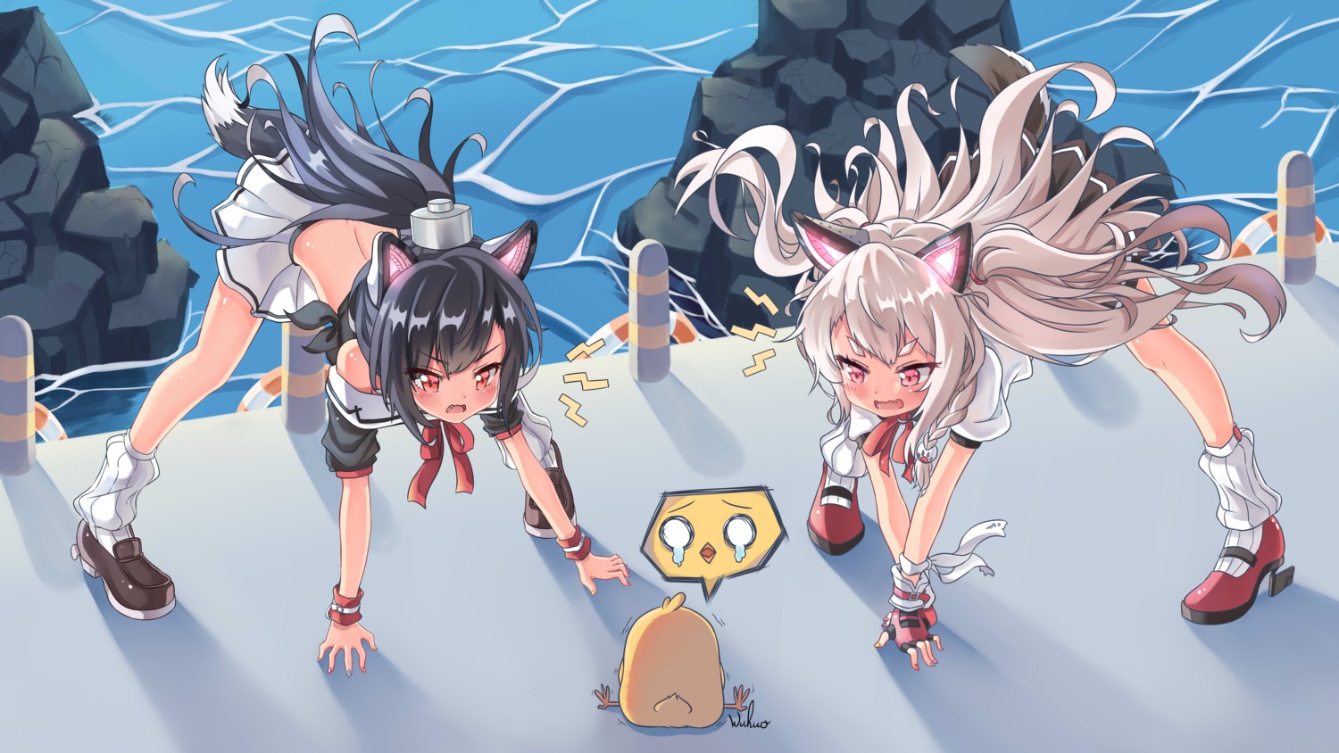 animal_ears, azur_lane, manjuu_(azur_lane), seifuku, shigure_(azur_lane), tail, wuhuo, yuudachi_(azur_lane)