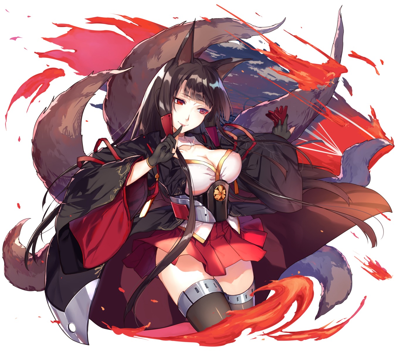 abusoru, akagi_(azur_lane), animal_ears, azur_lane, cleavage, kitsune, tail, thighhighs