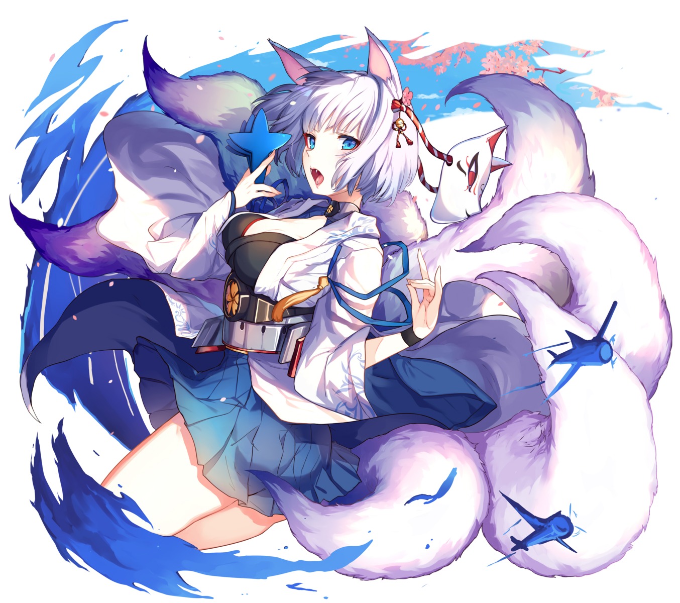 abusoru, animal_ears, azur_lane, cleavage, kaga_(azur_lane), kitsune, tail, thighhighs