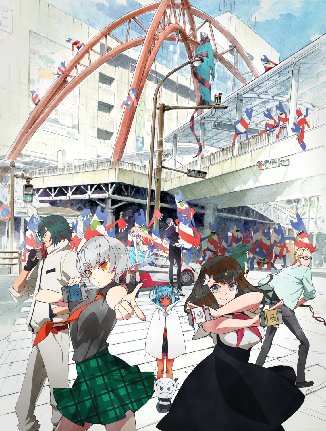 gatchaman_crowds, gelsadra, heels, hibiki_joe, ichinose_hajime, j.j._robinson, landscape, megane, misudachi_tsubasa, ninomiya_rui, o.d, paiman, seifuku, tachibana_sugane, utsu-tsu