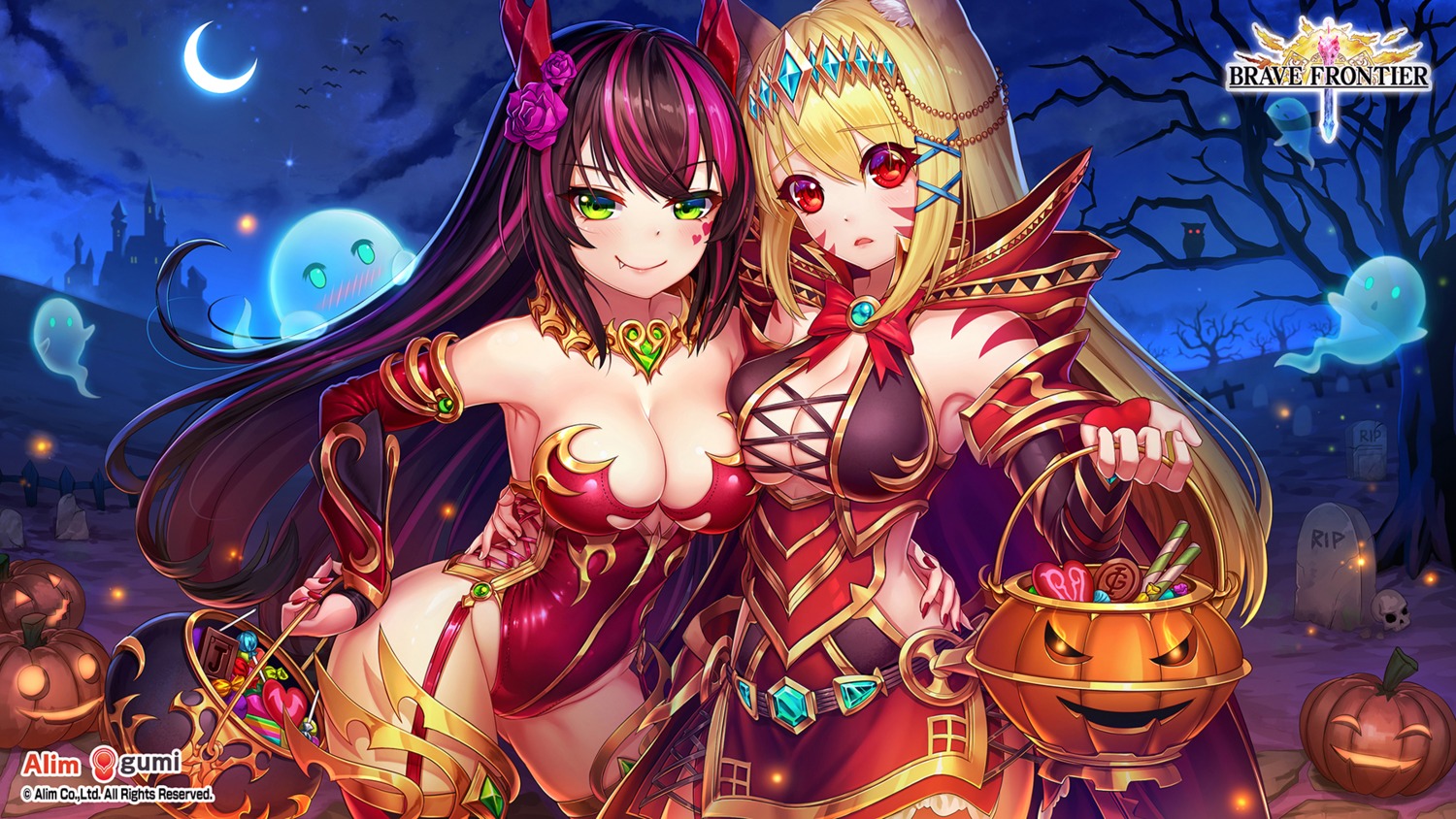 animal_ears, cleavage, halloween, horns, leotard, stockings, tattoo, thighhighs