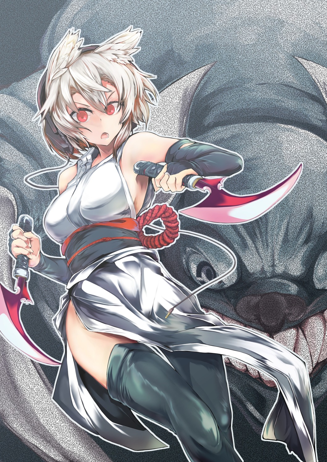 animal_ears, headphones, ku-ba, monster, thighhighs, weapon