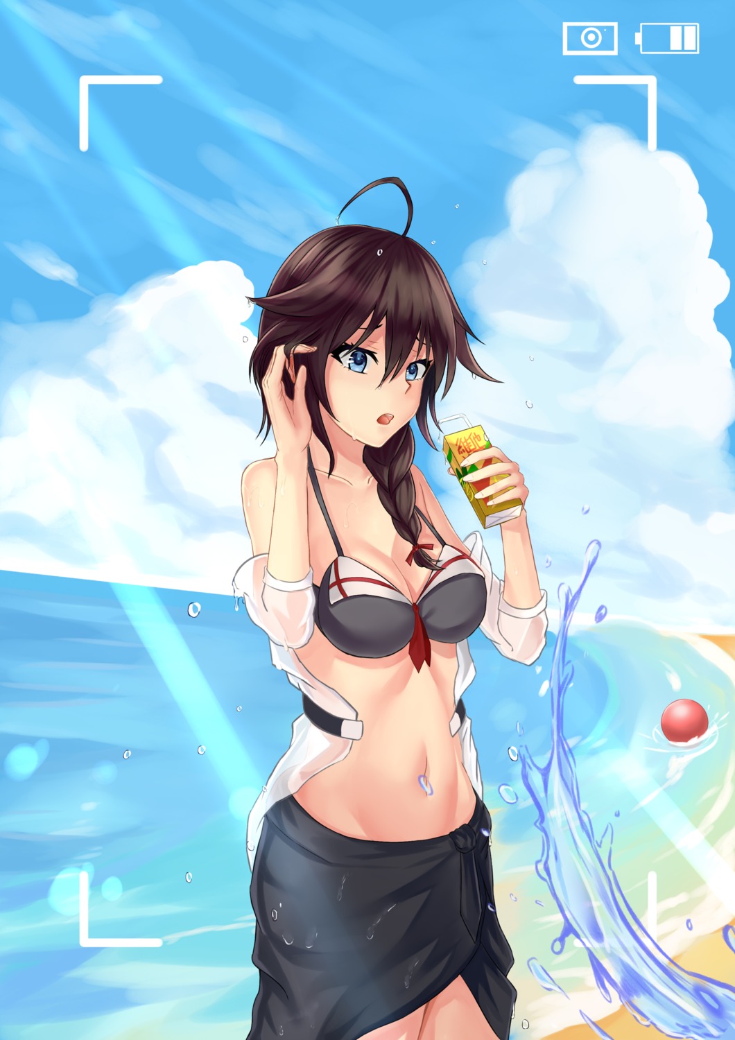 bikini_top, cleavage, kantai_collection, open_shirt, see_through, shigure_(kancolle), swimsuits, wet_clothes, wowan_baihe_zenmeliao