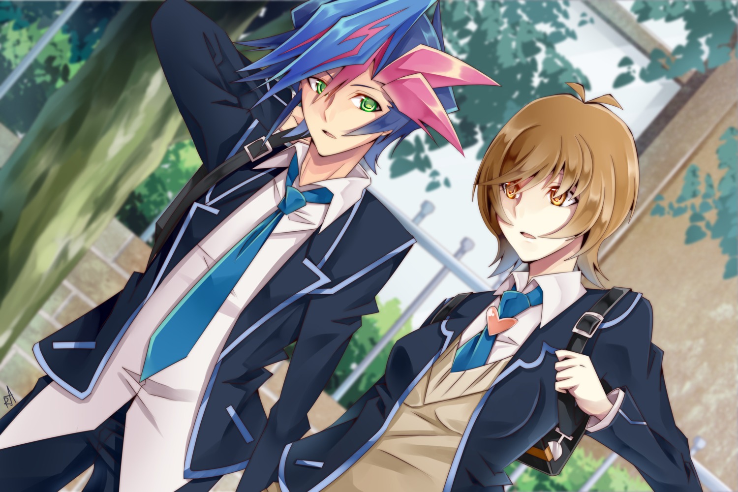 akisaki_riisha, fujiki_yuusaku, male, seifuku, yugioh, yugioh_vrains, zaizen_aoi