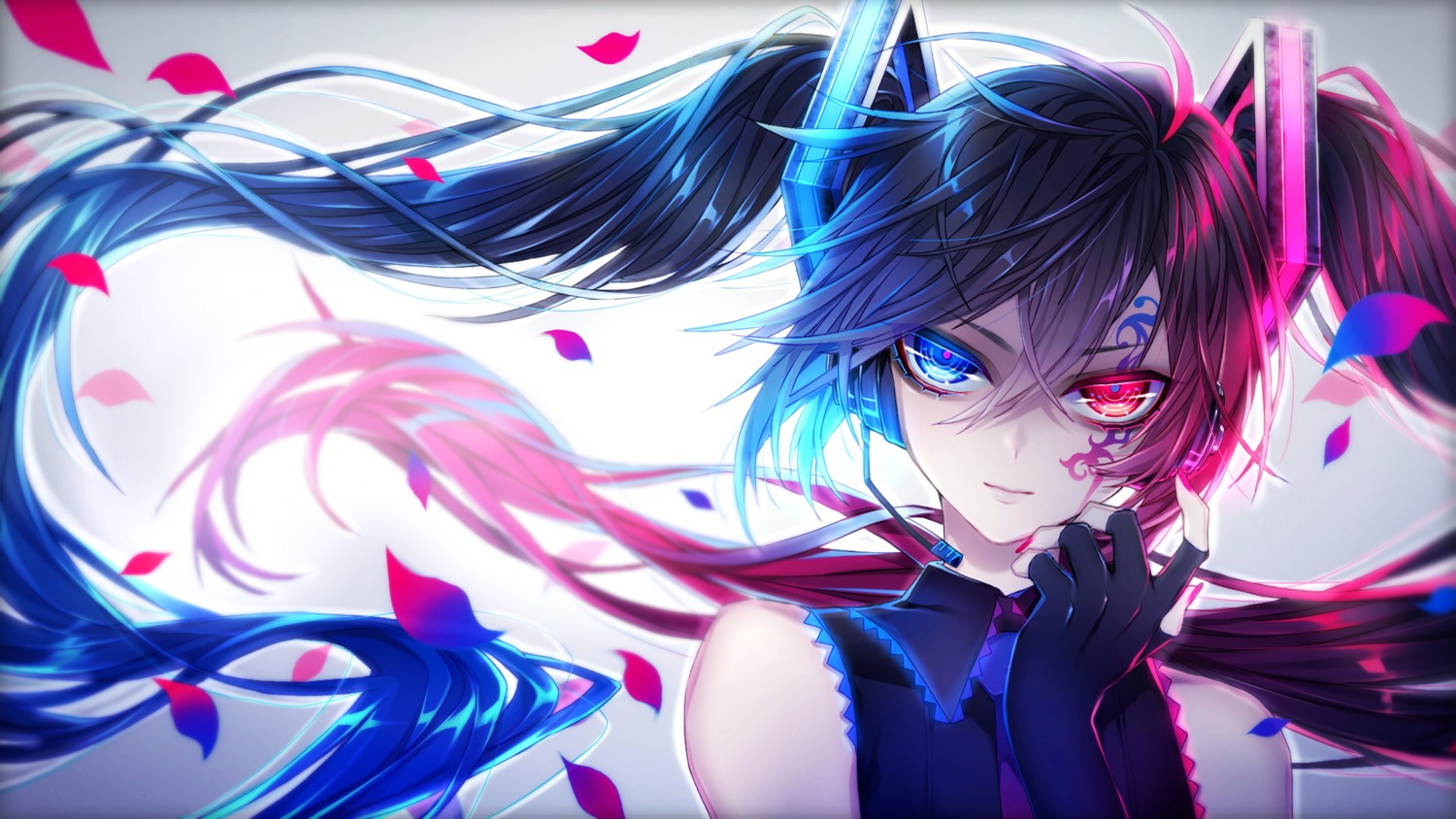 1055, hatsune_miku, headphones, heterochromia, tattoo, vocaloid, wallpaper