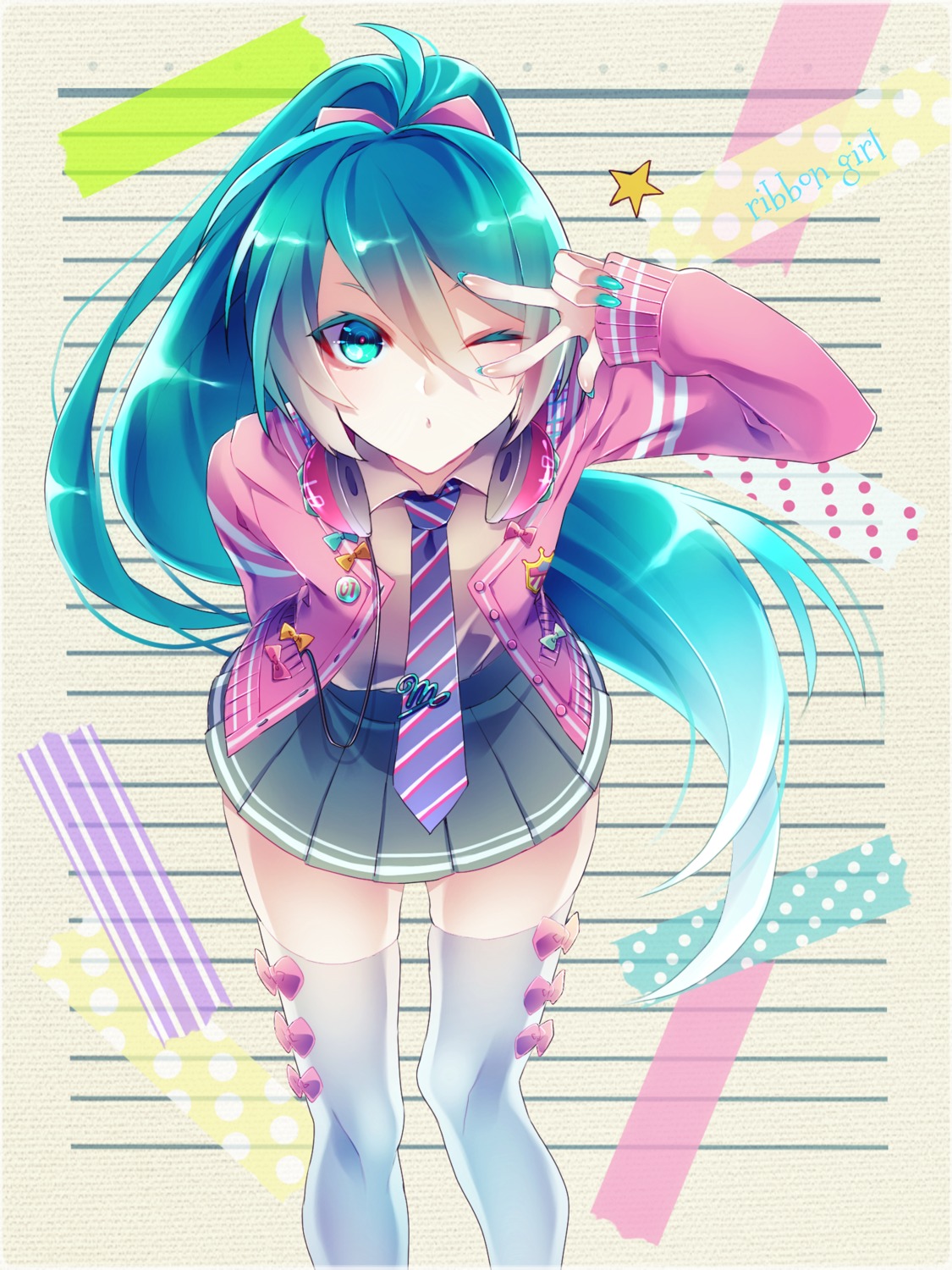 1055, hatsune_miku, headphones, thighhighs, vocaloid