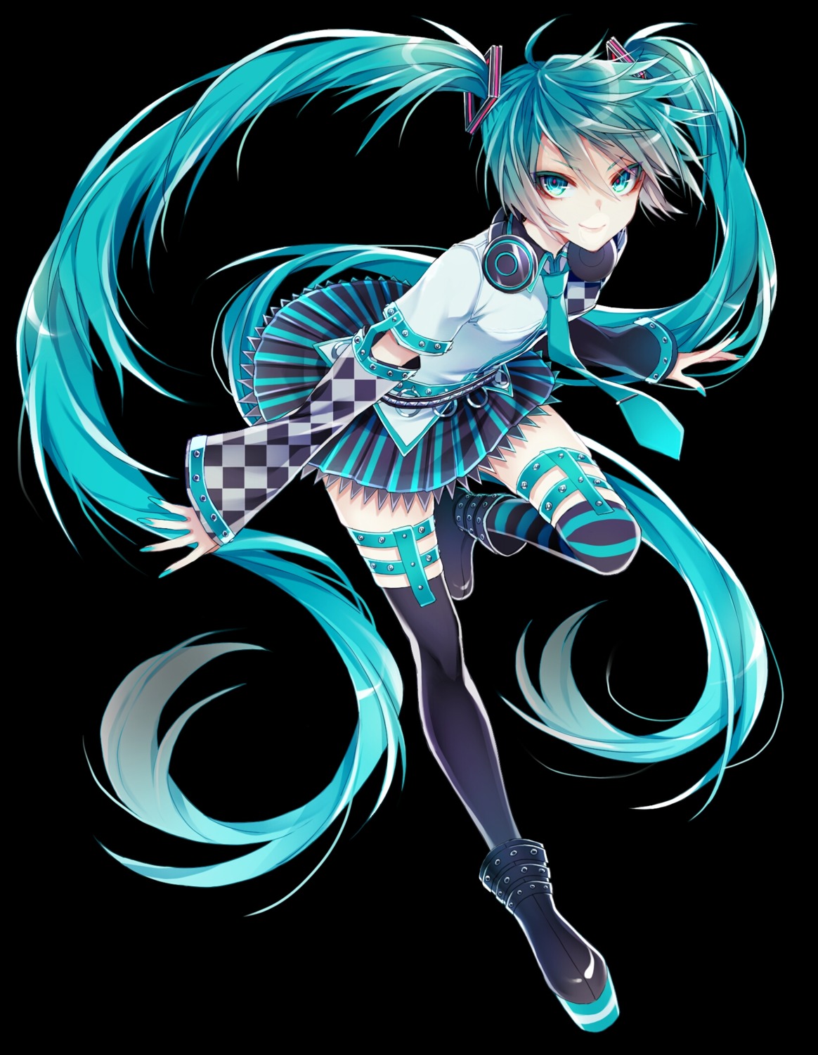 1055, hatsune_miku, headphones, thighhighs, vocaloid