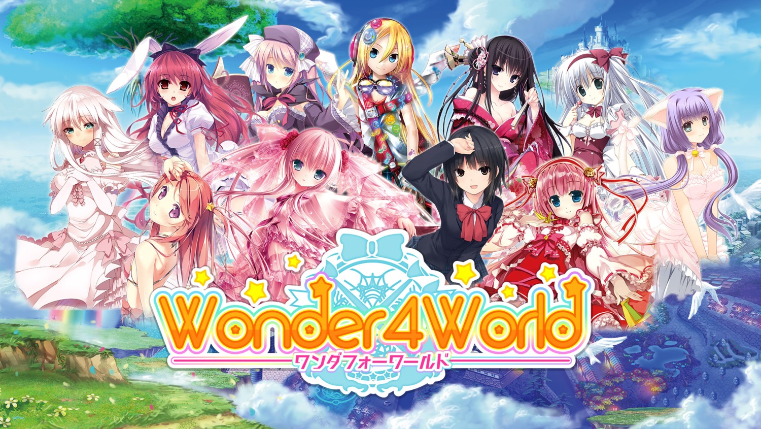 animal_ears, bunny_ears, cleavage, coffee-kizoku, dress, fujima_takuya, japanese_clothes, kantoku, karory, kei, misaki_kurehito, nishimata_aoi, see_through, seifuku, tinkle, wings, wonder_4_world