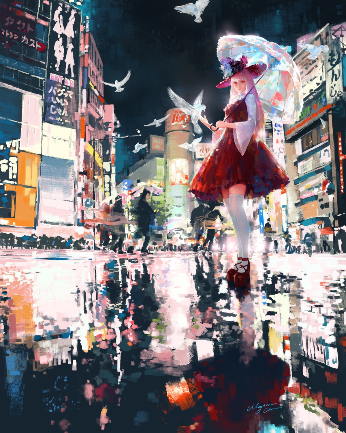 dress, heels, thighhighs, umbrella, wayne_chan