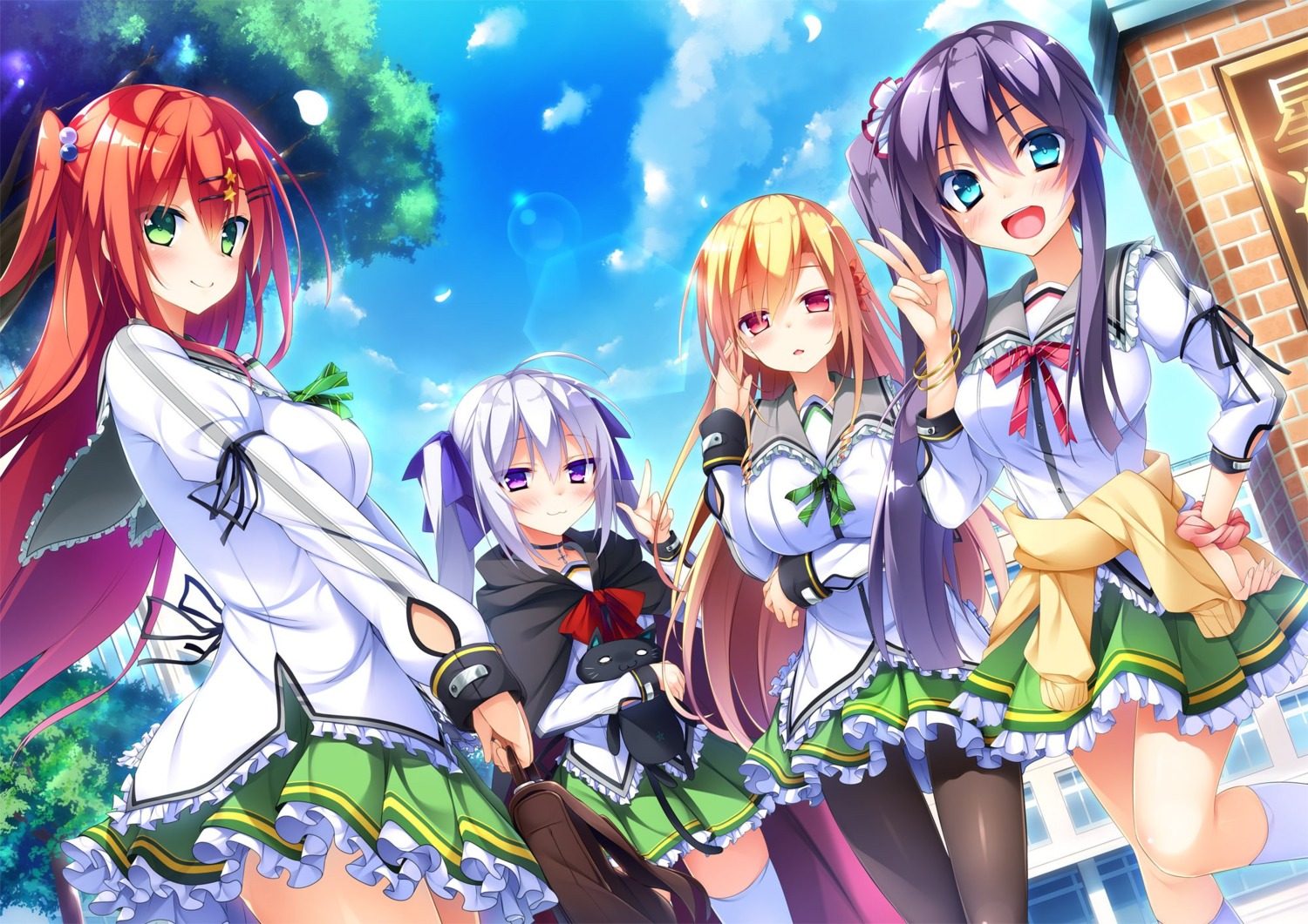 anapom, hanikami_clover, hiiragi_sumire, kakao, pantyhose, saeki_rio, seifuku, studio_ryokucha, suou_emiru, sweater, thighhighs, usui_makina