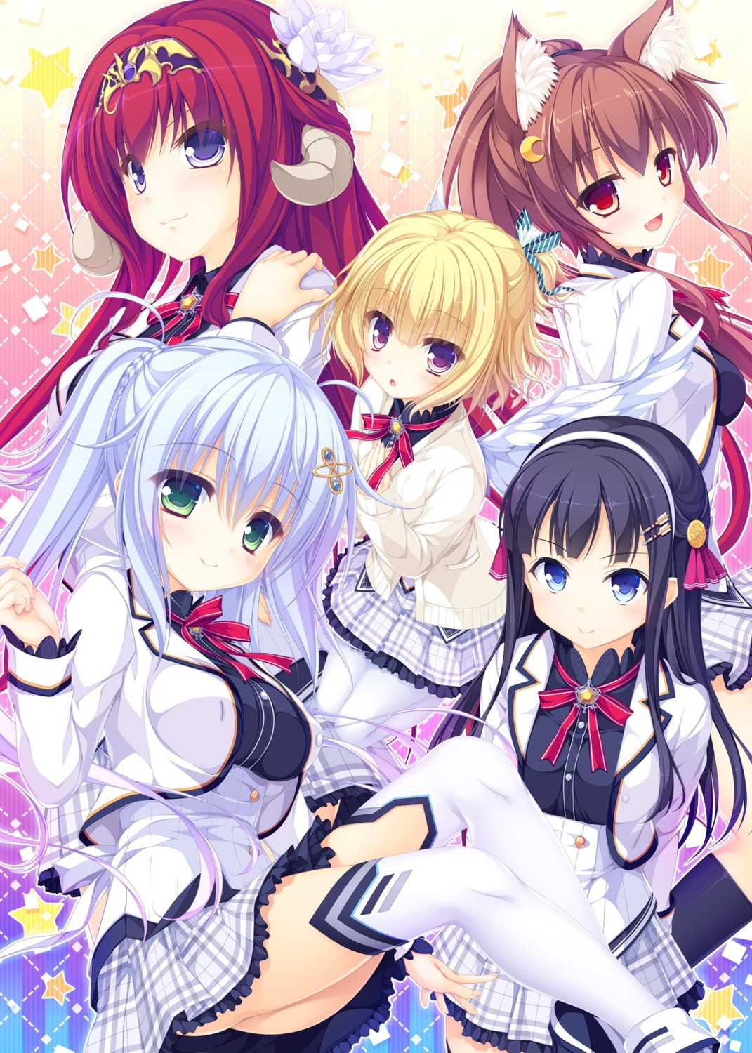 animal_ears, faura_linans, horns, ichikura, kururu_(world_election), mikagami_mamizu, pantyhose, parfil_(world_election), rken, seifuku, shishidou_iori, sophia_usty, sweater, tail, tenmaso, thighhighs, whirlpool, wings, world_election