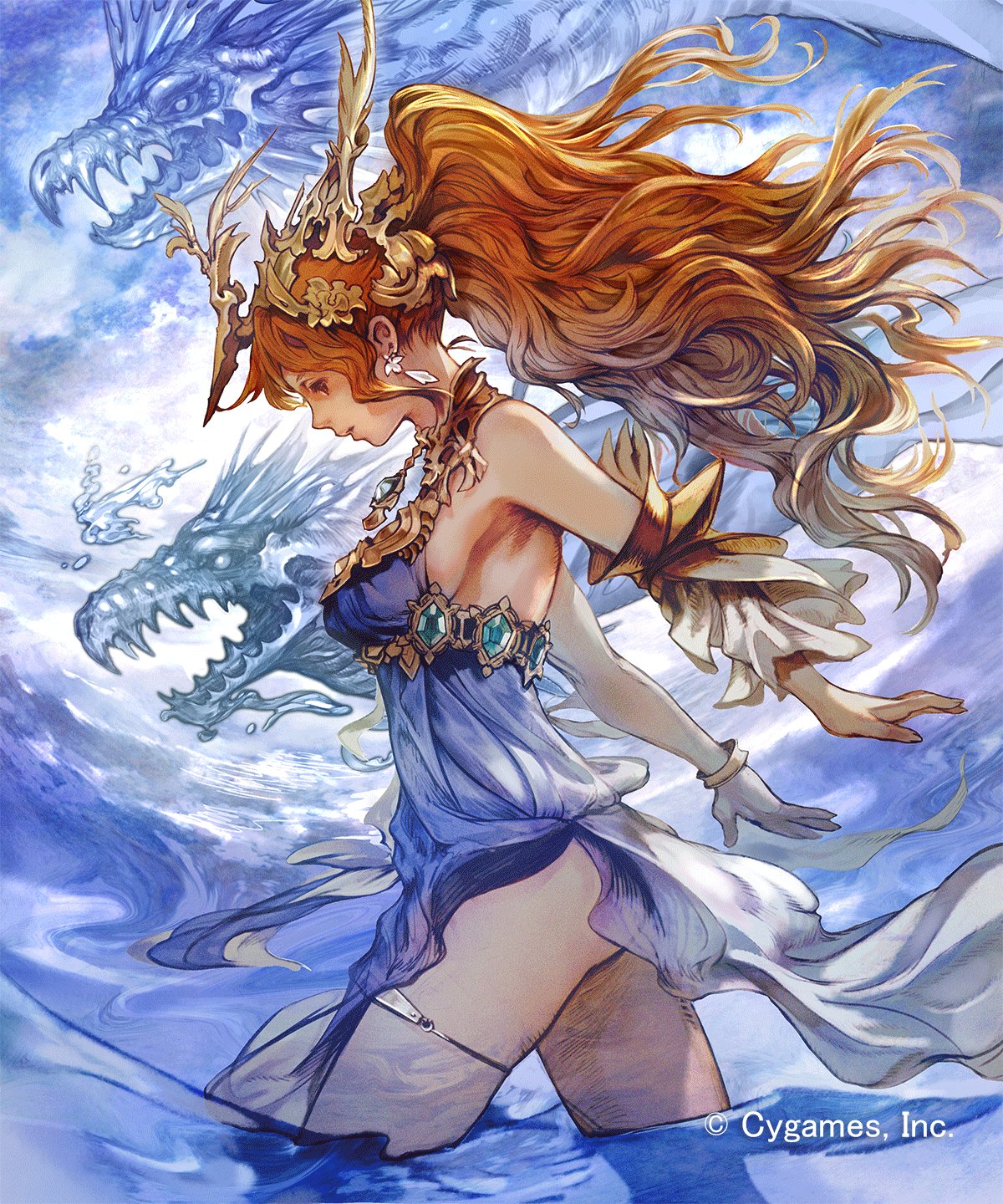 dress, garter, monster, nijihara, see_through, shadowverse, shingeki_no_bahamut, wet