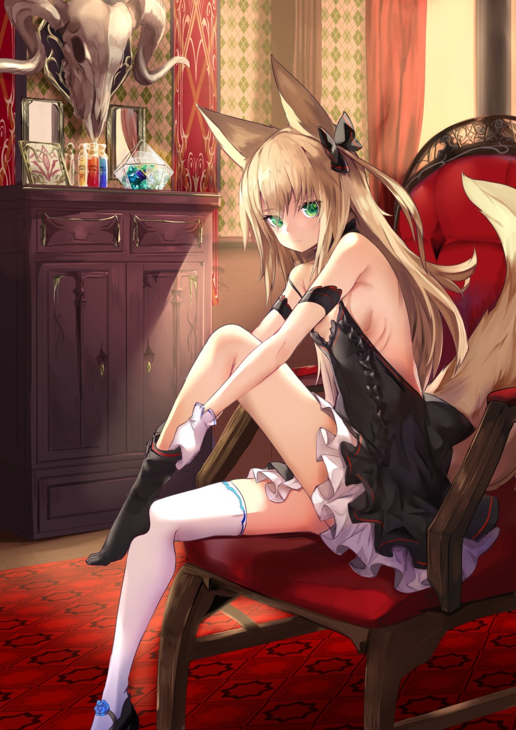 animal_ears, dress, haik, no_bra, tail, thighhighs