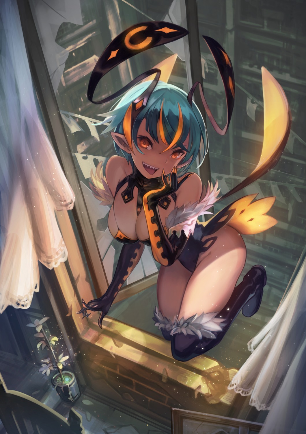 cleavage, pointy_ears, sakazu_mekasuke, thighhighs