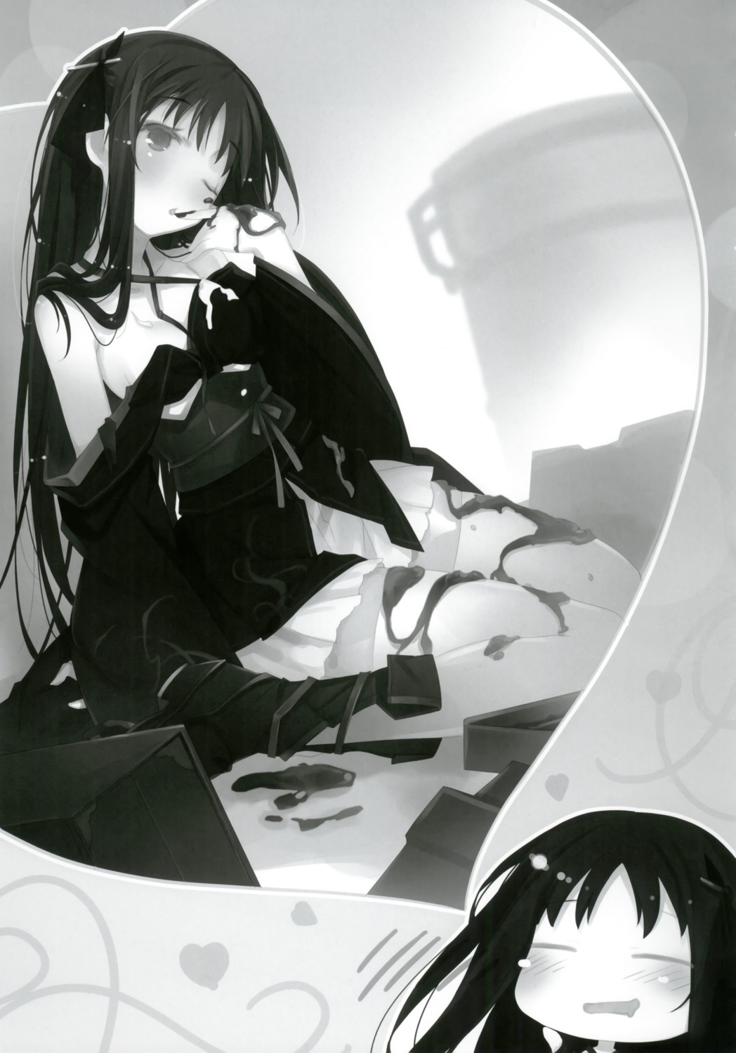 chibi, cream, japanese_clothes, machine-doll_wa_kizutsukanai, monochrome, no_bra, ruroo, thighhighs