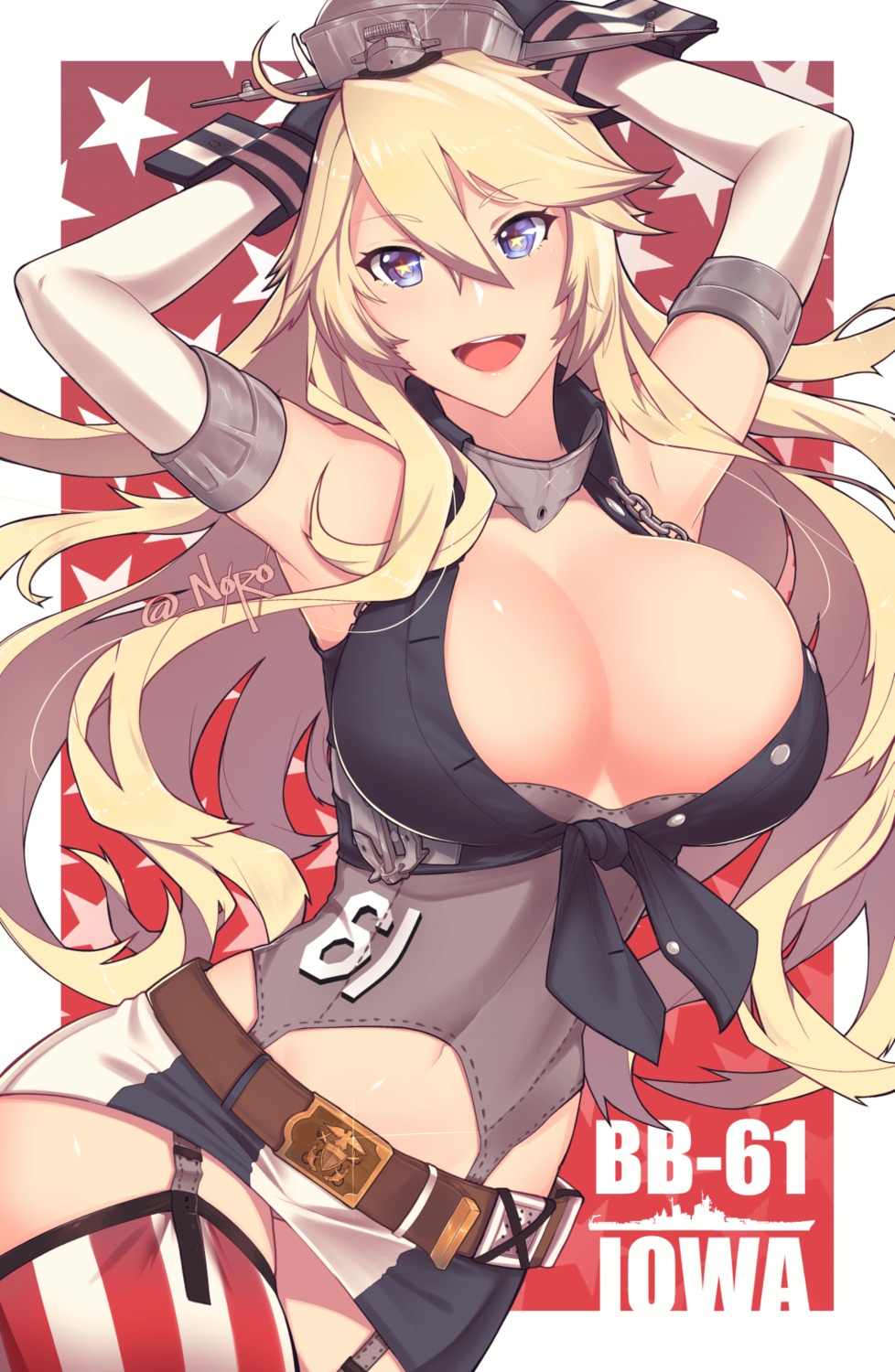 cleavage, iowa_(kancolle), kantai_collection, open_shirt, skelefuku, stockings, thighhighs