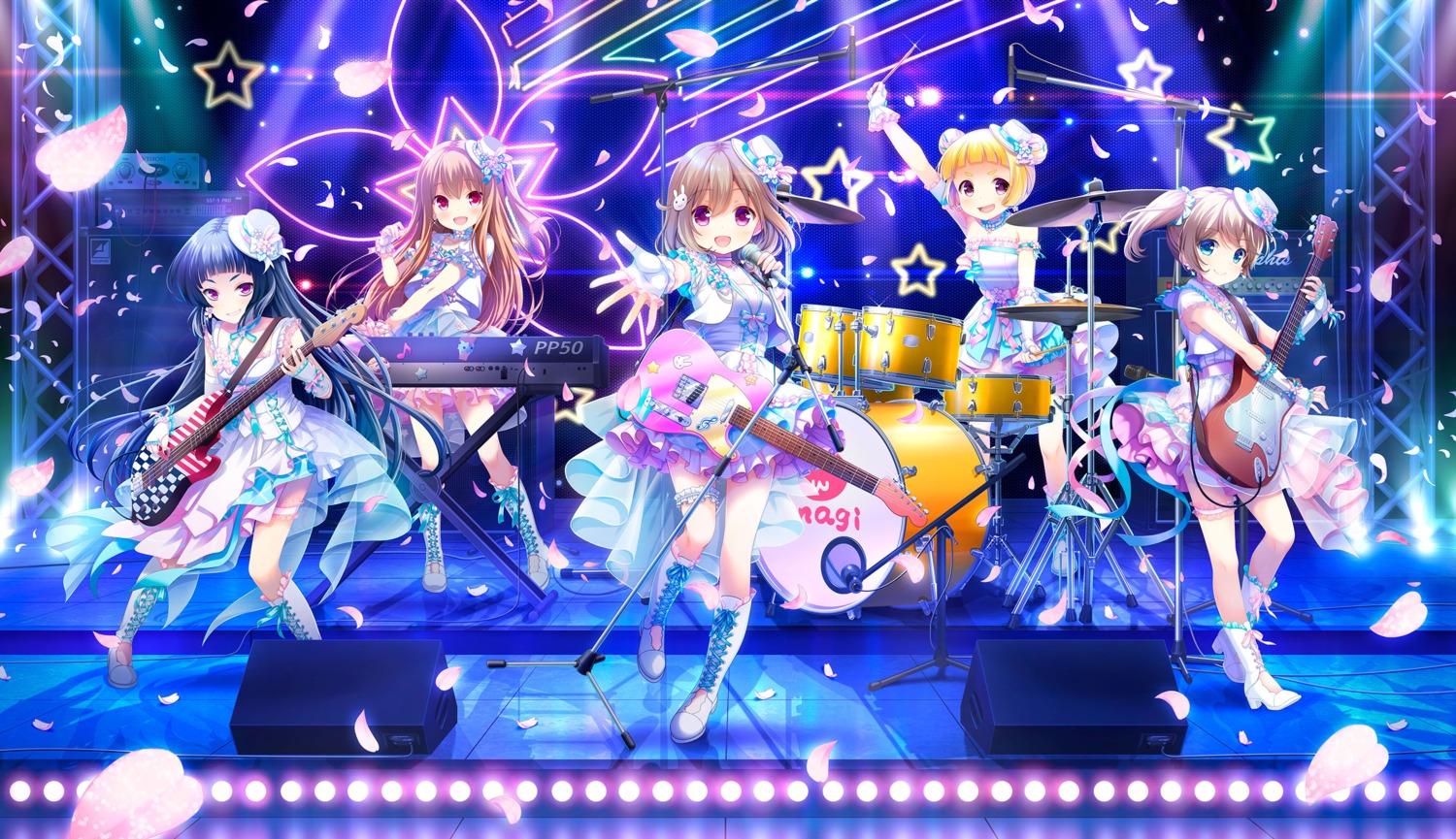 asahina_momoko, etou_kurumi, garter, girlfriend_(kari), guitar, heels, kazemachi_haruka, kurokawa_nagiko, ohara_tometa, sakura_koharu, yomogida_sumire